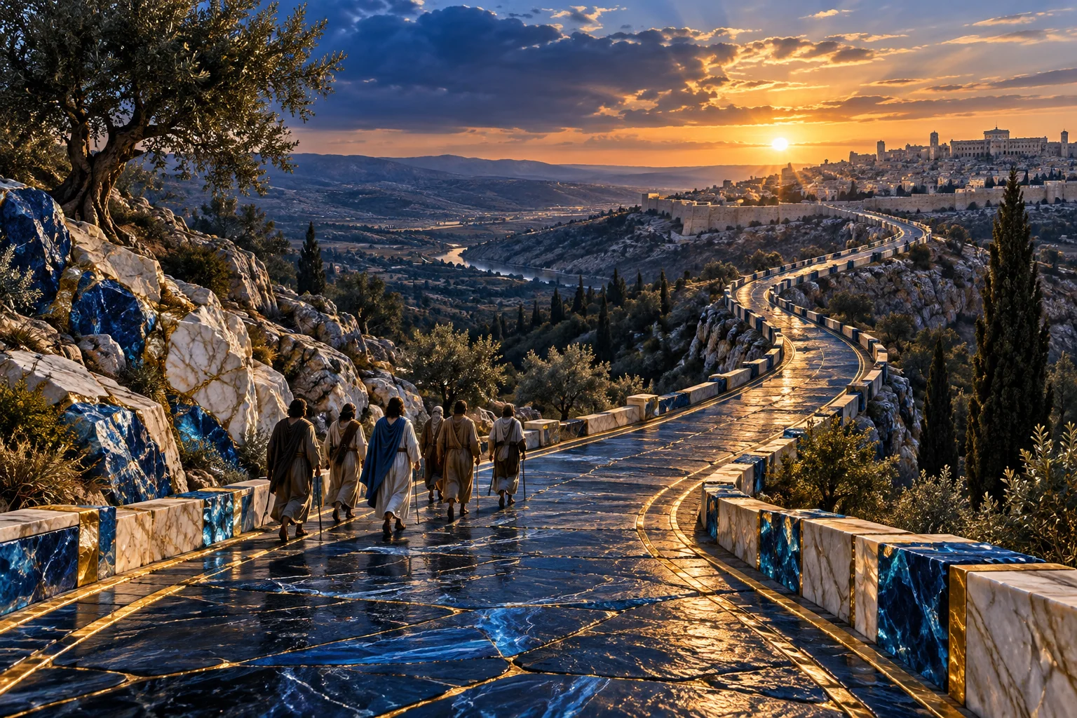 Estrada azul e marfim conduz a um horizonte luminoso, com Jesus e os discípulos em escala humana.