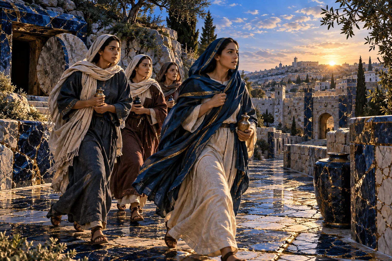 Mulheres seguem juntas pelo caminho azul, com mantos naturais de bordas cristalinas douradas.