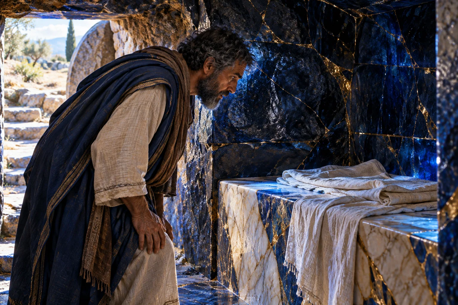 Pedro se inclina diante de lençóis naturais no sepulcro azul e marfim, sob luz dourada.