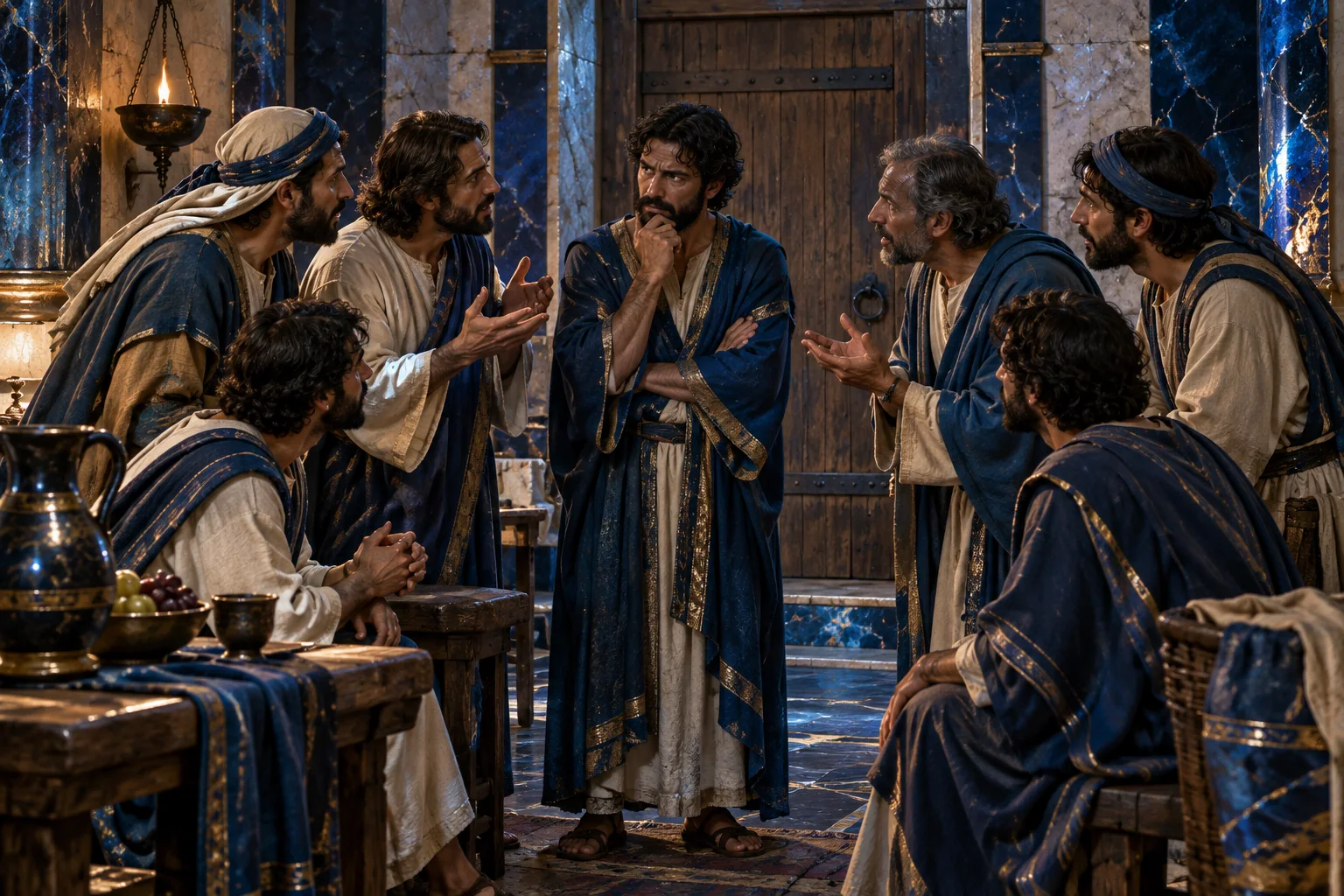 Companheiros falam a Tomé num interior azul com juntas douradas; um espaço permanece aberto entre eles.