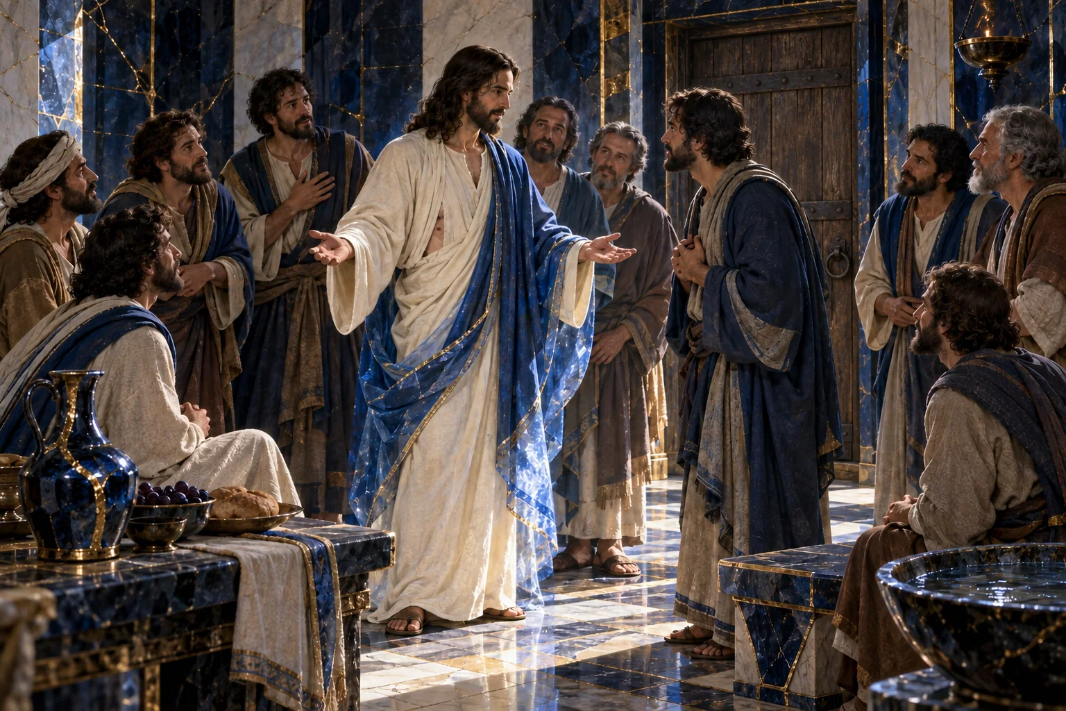 Jesus está com os discípulos e Tomé no interior azul, diante da mesma porta ligada por ouro.