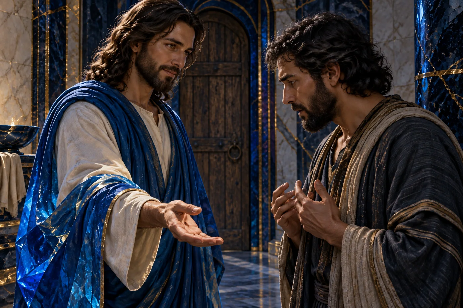 Jesus apresenta a mão a Tomé, que a observa sem tocar, entre cristal azul e ouro.