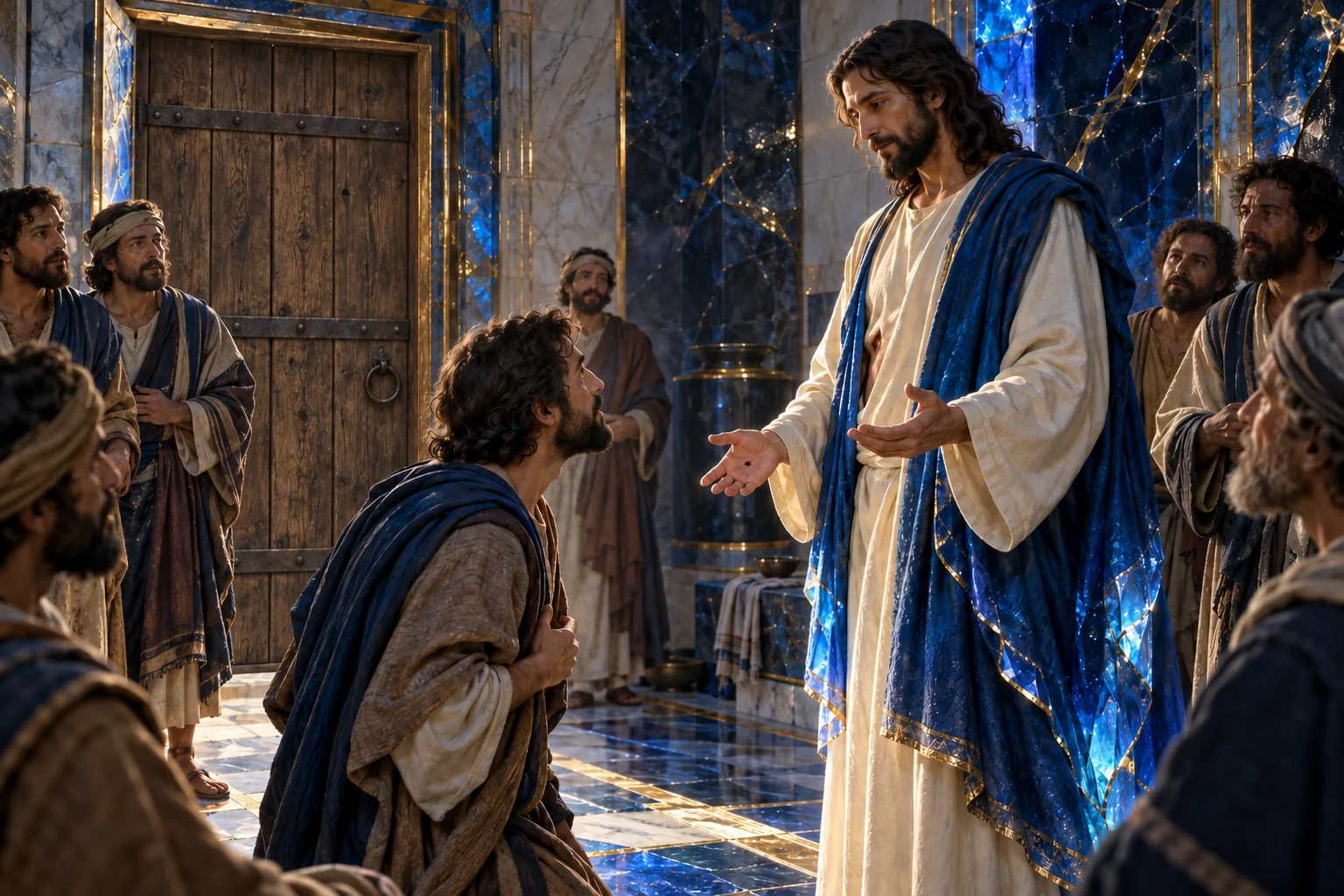 Tomé e os companheiros permanecem diante de Jesus, ao lado de uma abertura azul que acolhe luz dourada.