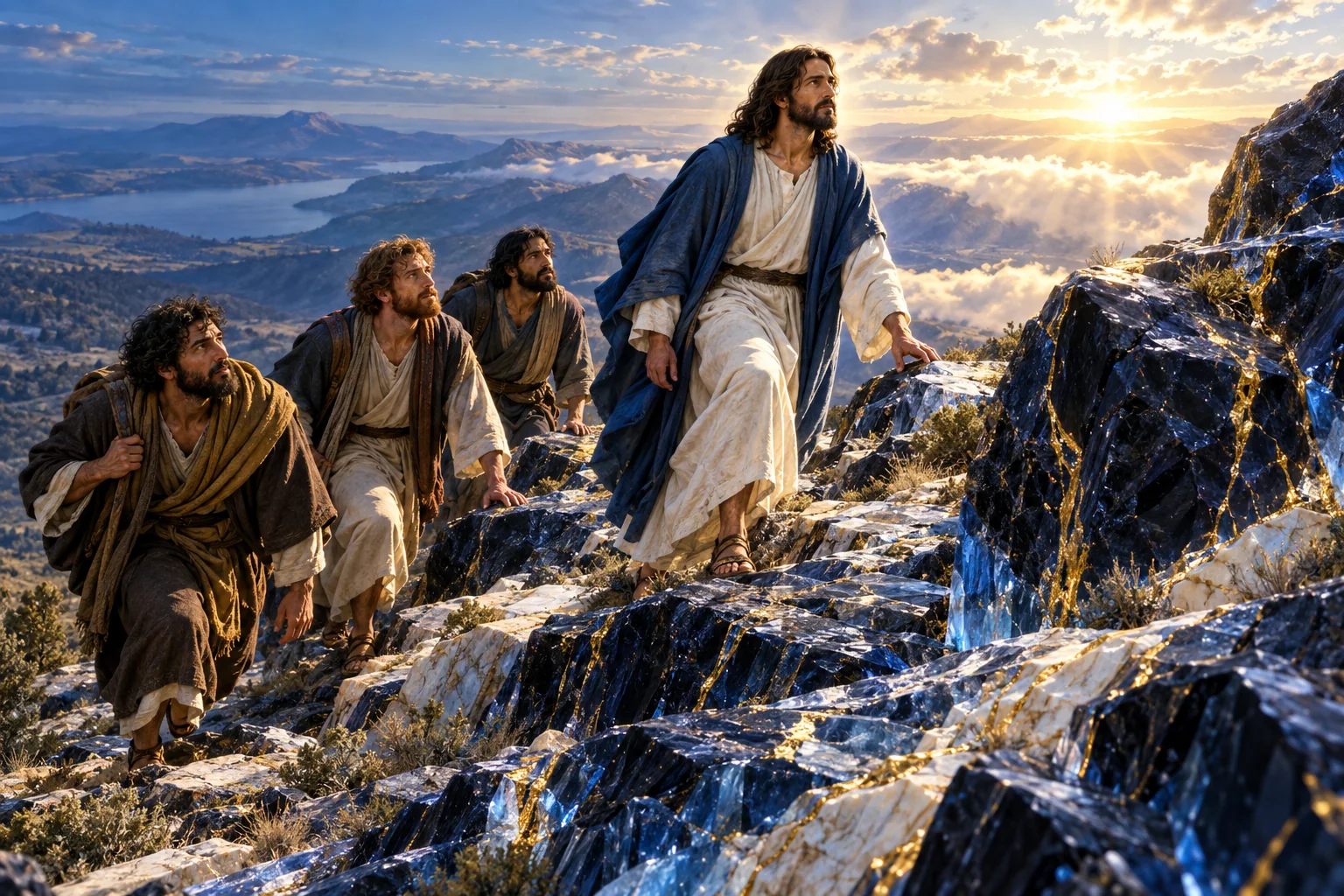 Jesus, Pedro, Tiago e João sobem uma encosta azul de mármore e obsidiana com linhas douradas.