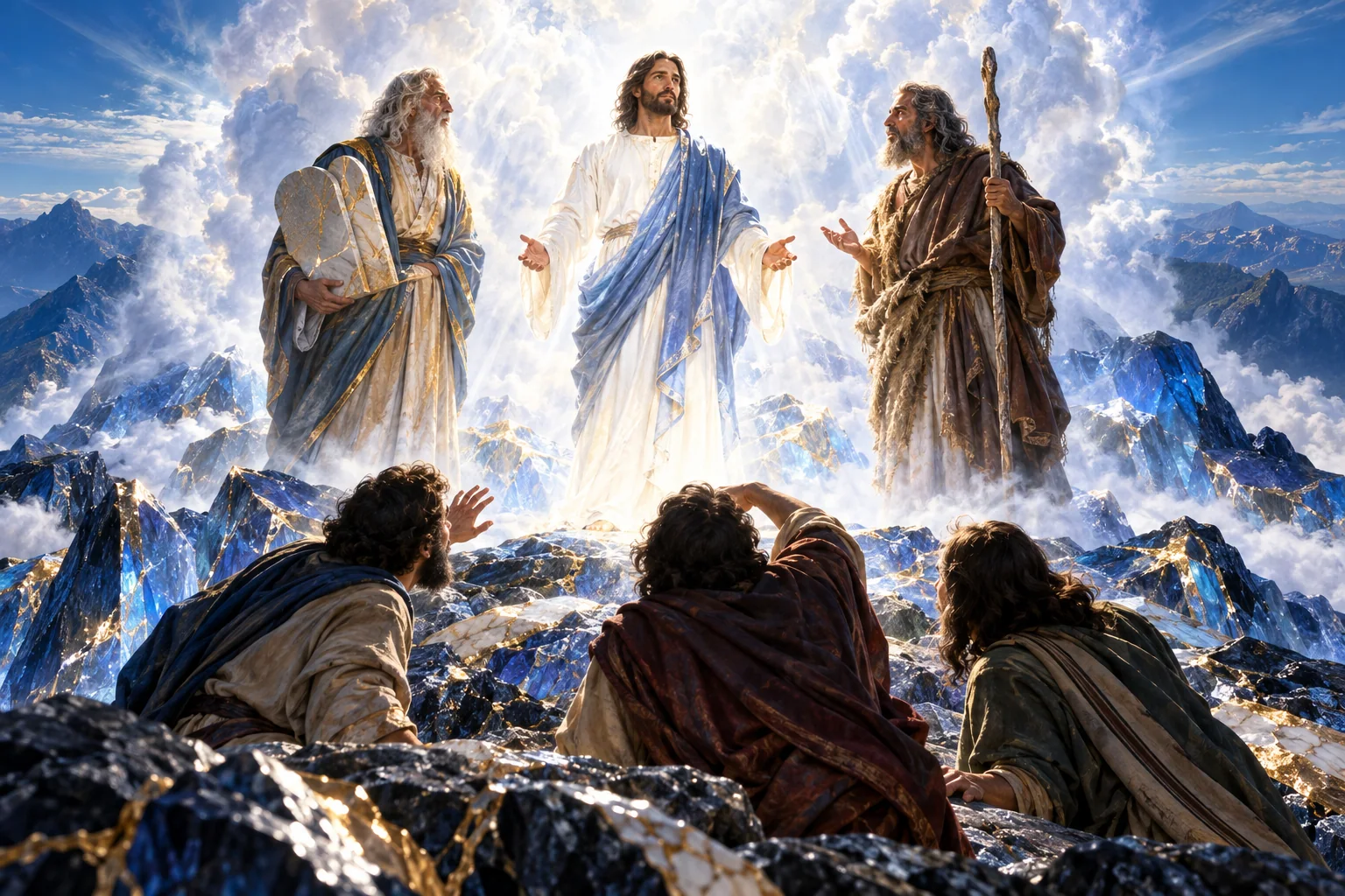 Jesus de veste clara está no monte entre Moisés e Elias, sob luz branca e azul com ouro.