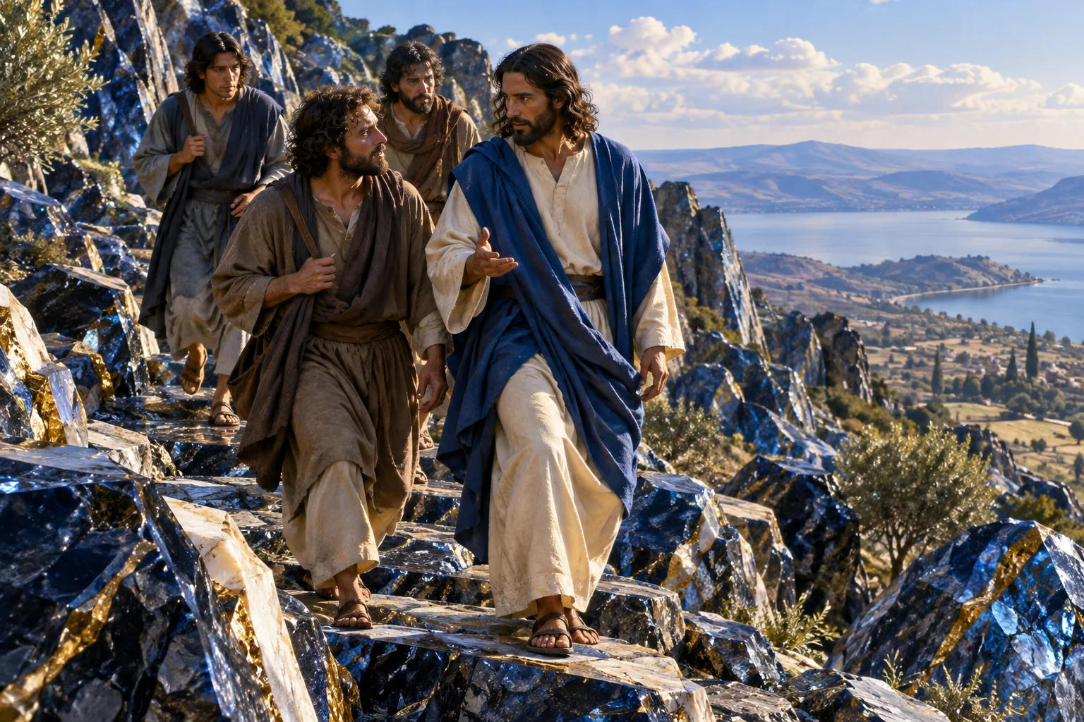 Jesus desce com os três discípulos por um caminho azul e marfim ligado por ouro.