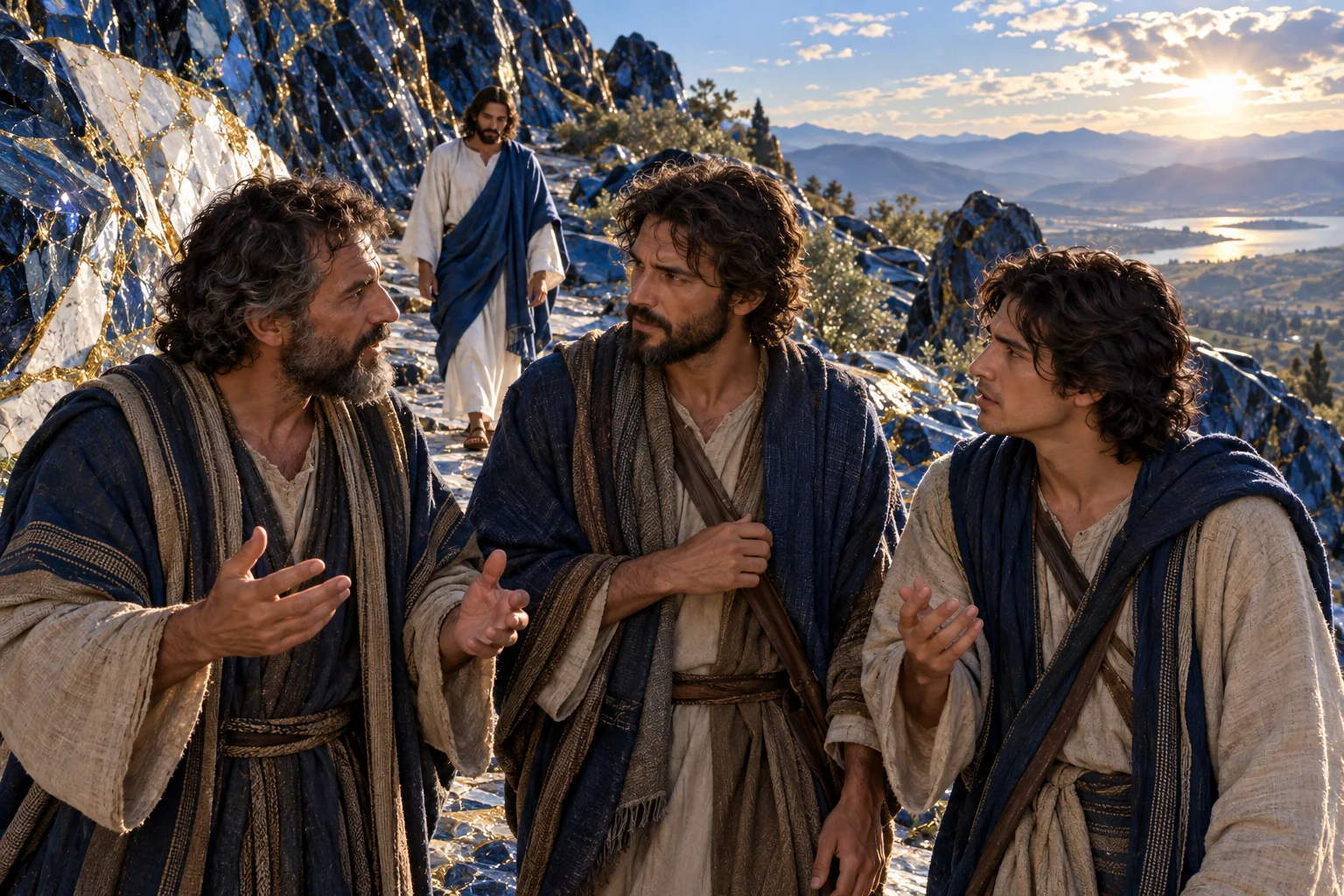 Três discípulos conversam em voz baixa junto da rocha azul, enquanto Jesus segue adiante.