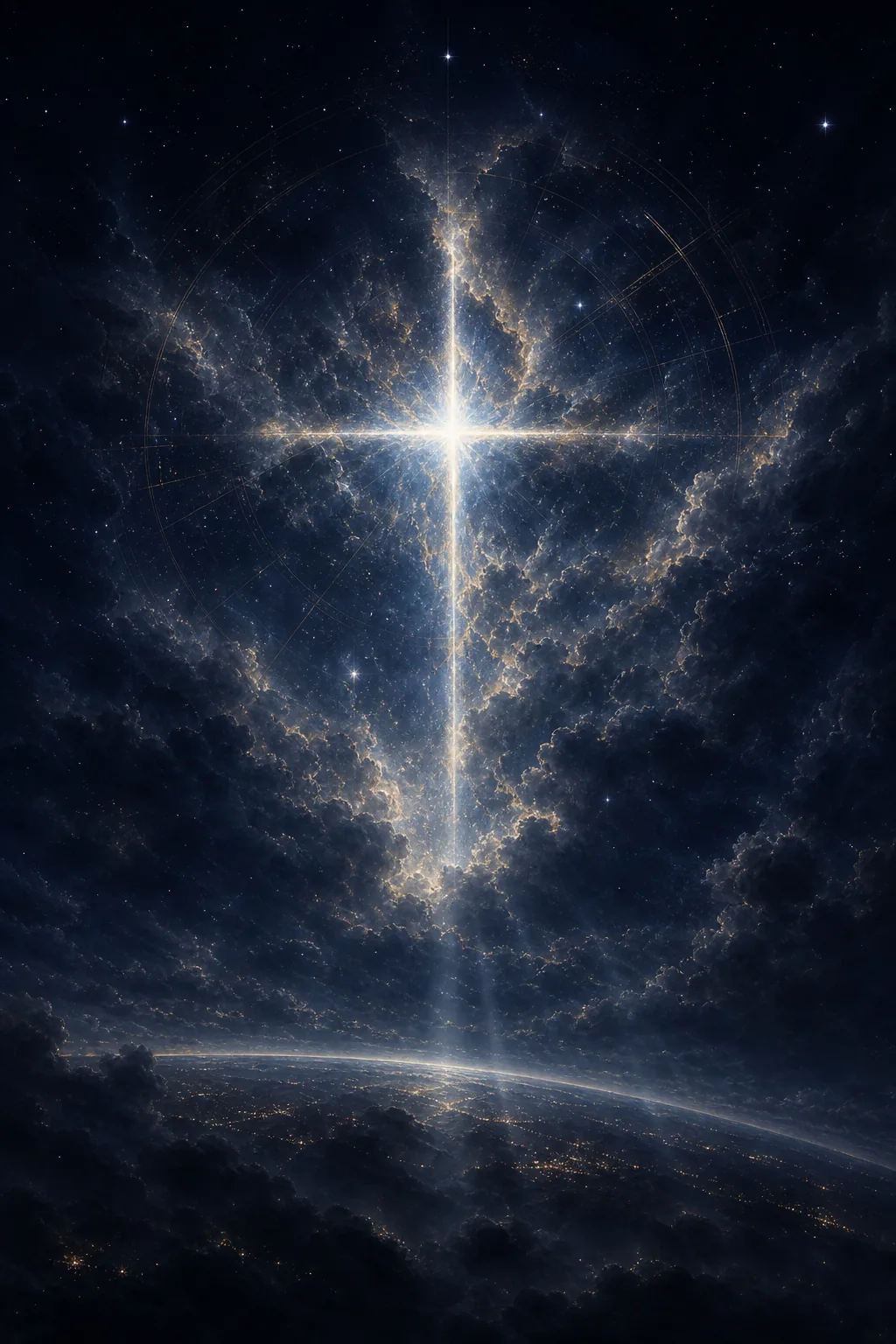 Cruz de luz nascida de uma abertura profunda entre nuvens, diante do horizonte terrestre iluminado
