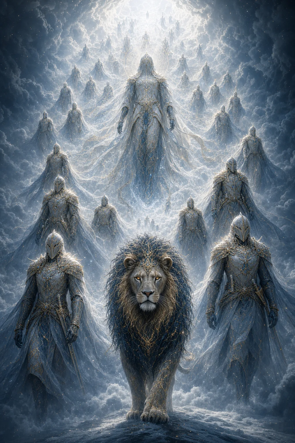 Leão guardião avança enquanto uma hoste celeste desce em muitos planos através de uma abertura luminosa