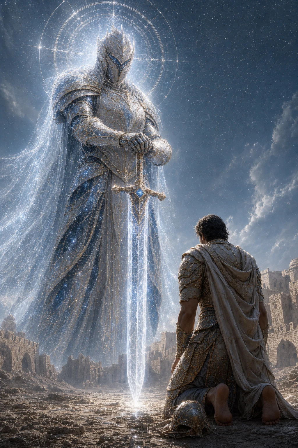 Guardião celestial com espada apoiada no chão diante de um guerreiro ajoelhado e descalço