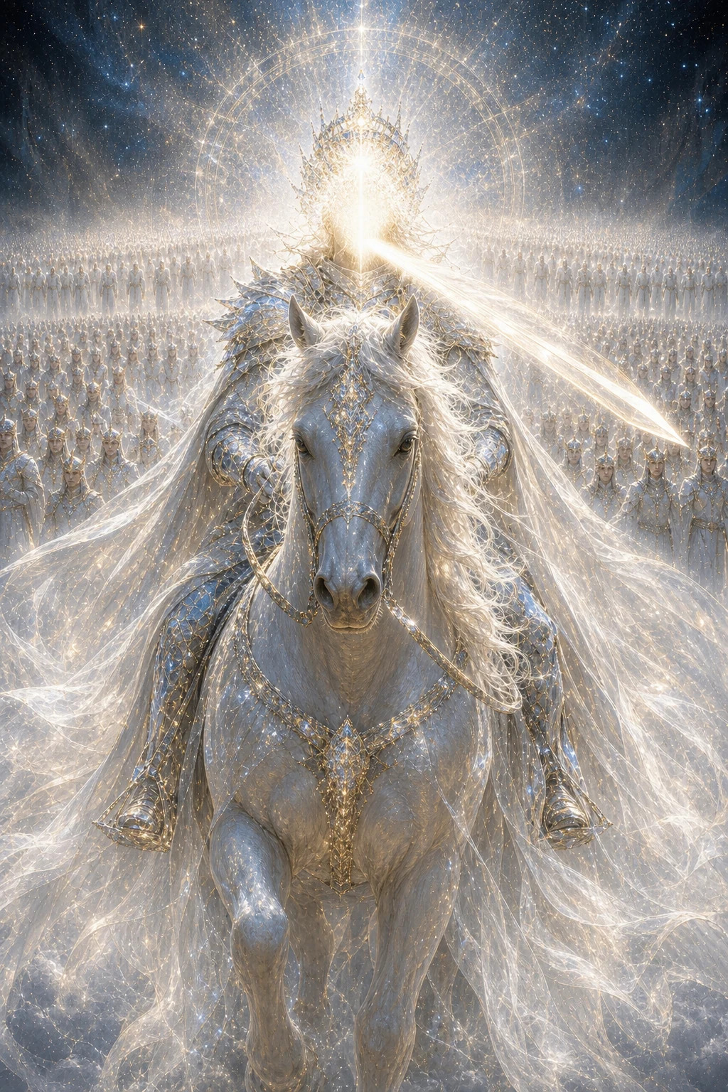 Cavaleiro de rosto velado por luz sobre cavalo branco, com hoste de linho claro ao fundo