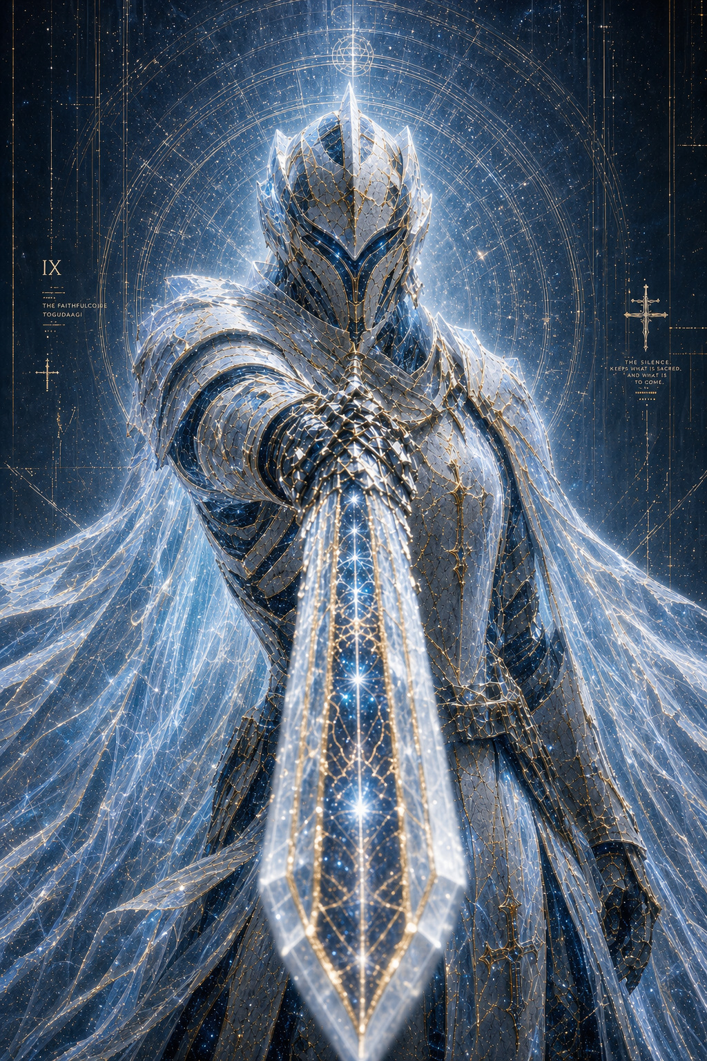 Homem adulto em armadura NEXUS de prata, sustentando uma espada de cristal