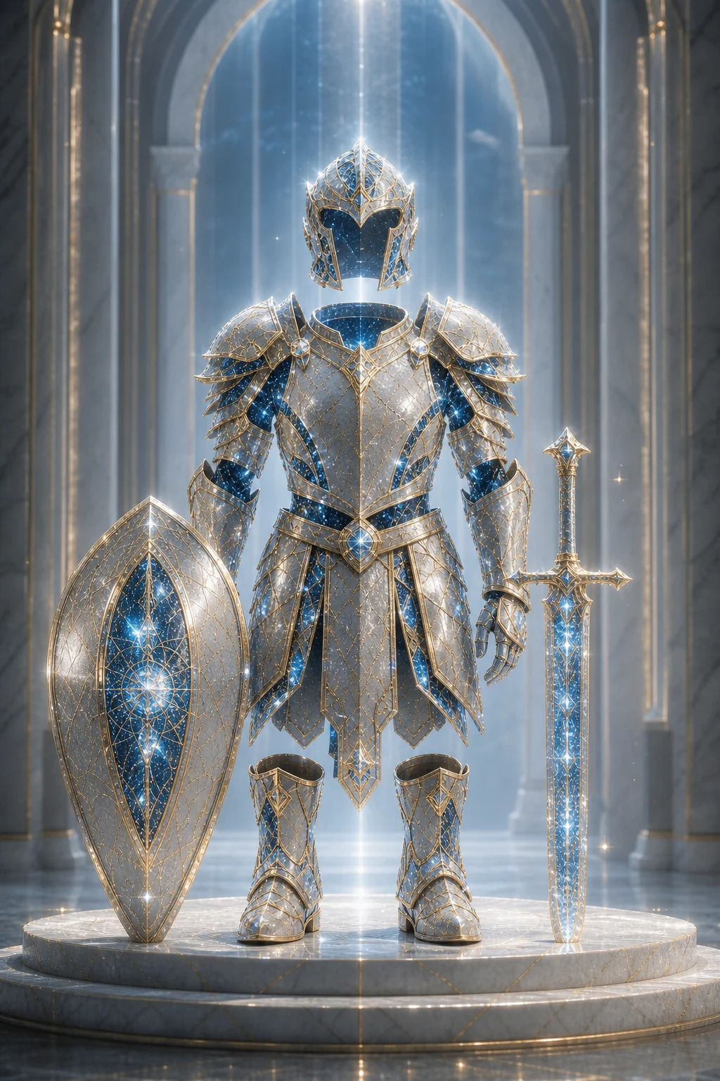 Armadura de luz vazia com capacete, couraça, cinto, escudo, calçados e espada dispostos como oferta