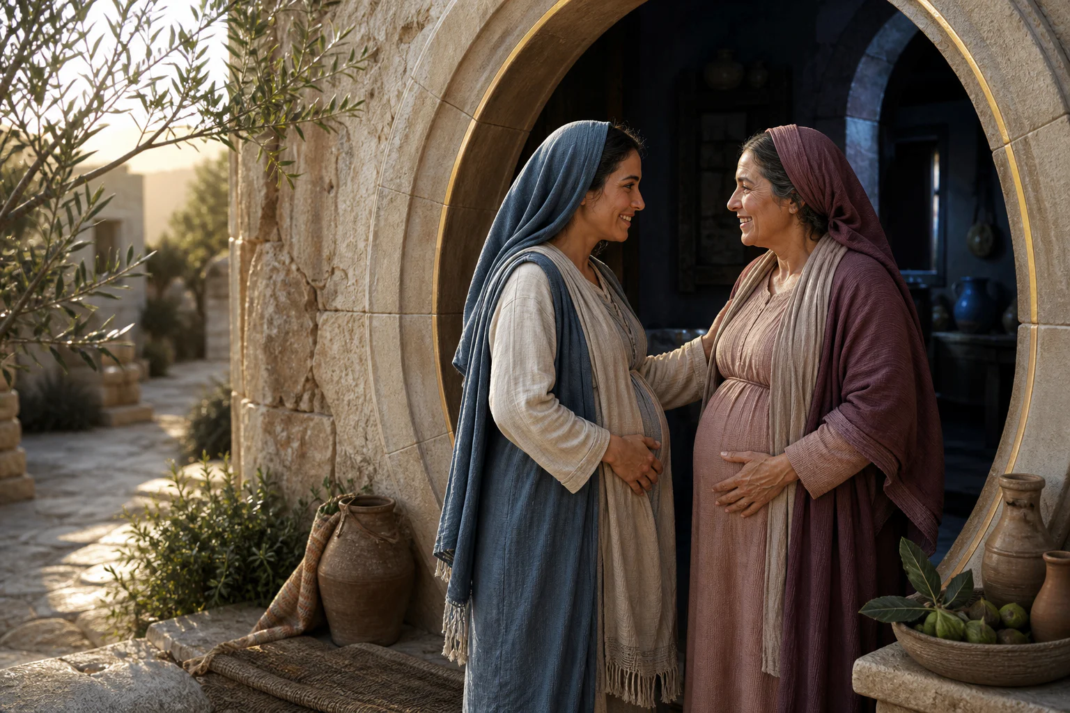 Interpretação artística de Maria e Isabel encontrando-se com alegria e cuidado.