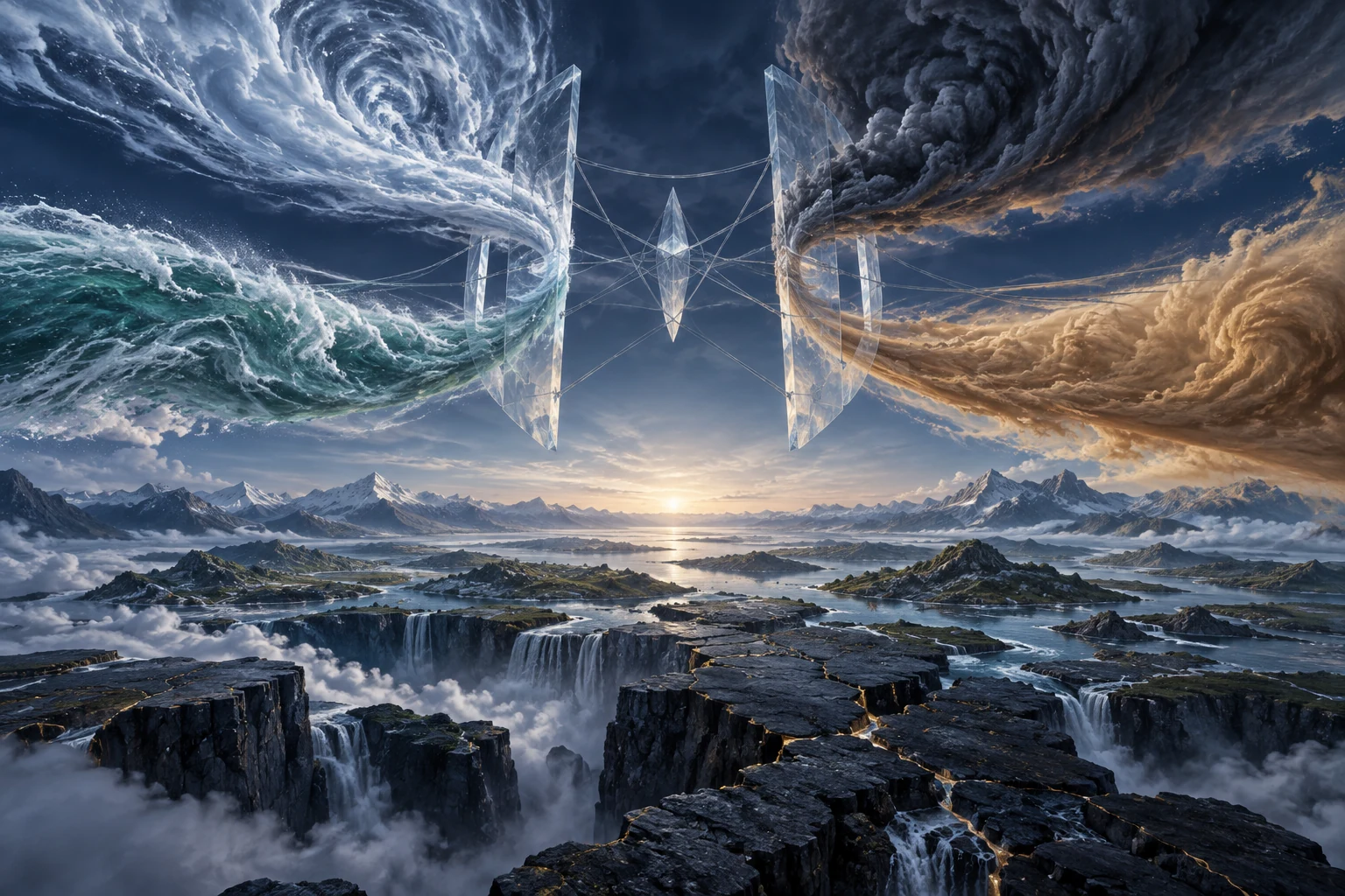 Quatro correntes atmosféricas de cores distintas são contidas por planos transparentes sobre terra escura fraturada, com um amanhecer ao fundo.