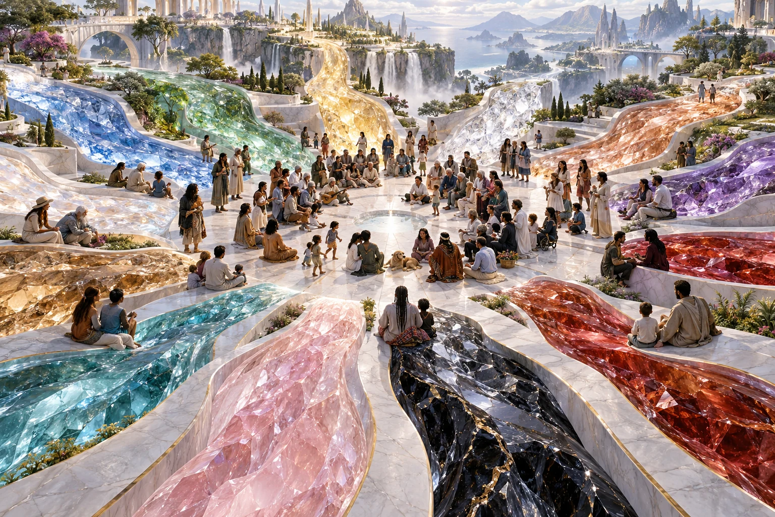 Correntes de cristal azul, verde, dourado, violeta e outras cores convergem para uma praça de mármore onde famílias se reúnem.