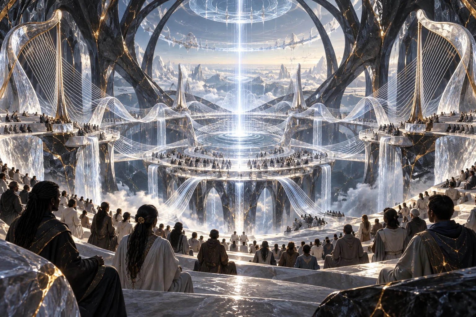 Duas grandes harpas enquadram um anfiteatro mineral com pessoas sentadas; linhas de luz ondulam em torno de uma fonte central.