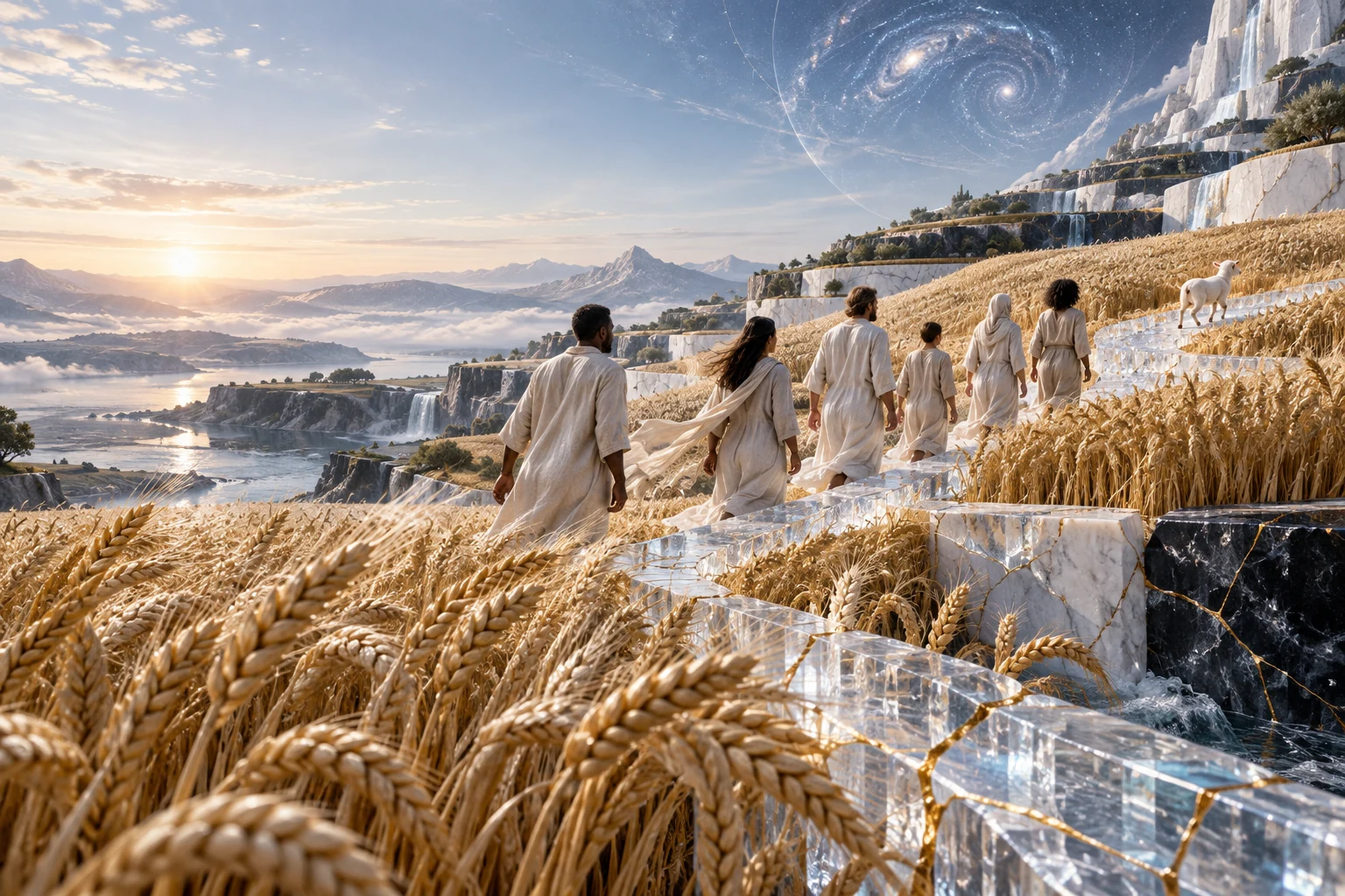 Pessoas em vestes claras seguem um cordeiro por uma escadaria de cristal entre espigas de trigo dourado, diante de um horizonte luminoso.