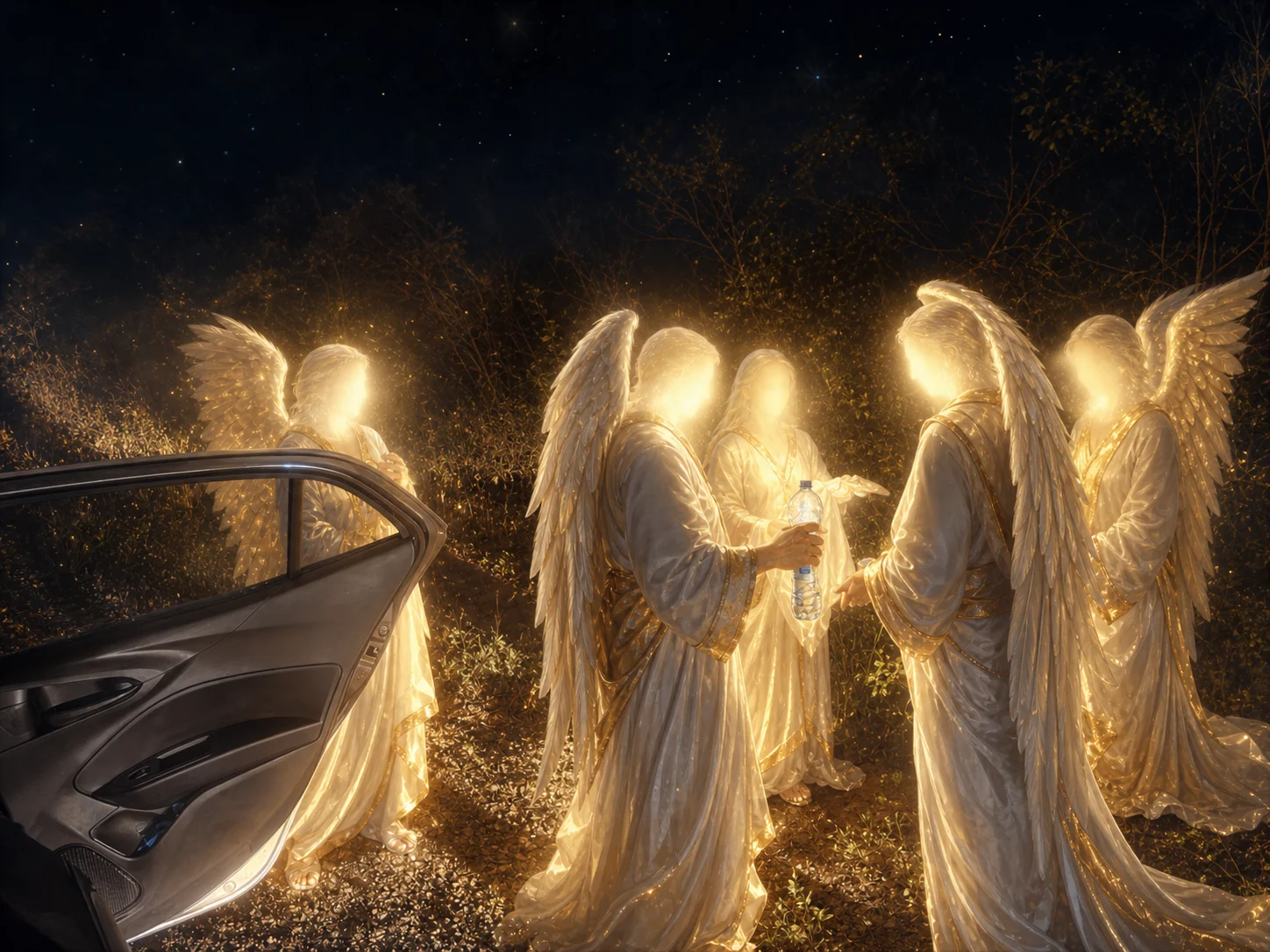 Figuras celestiais anônimas em torno de um gesto humano de cuidado noturno.