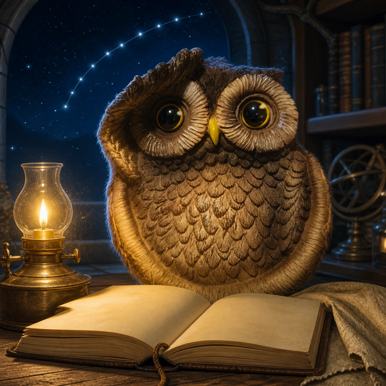 Coruja marrom diante de um caderno aberto e uma lamparina, sob um arco de estrelas