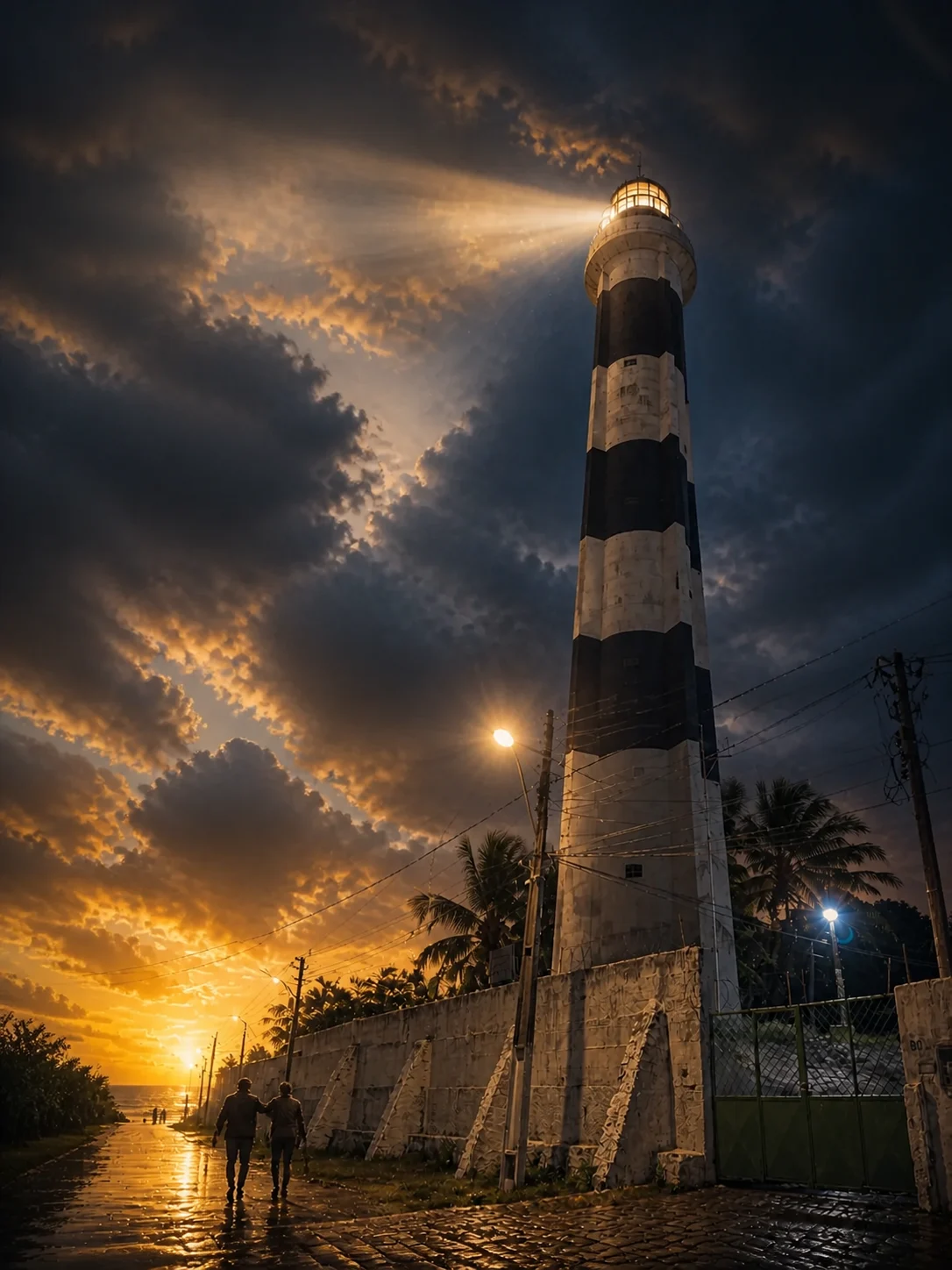 Farol listrado diante do sol nascente entre nuvens, com duas pessoas caminhando juntas