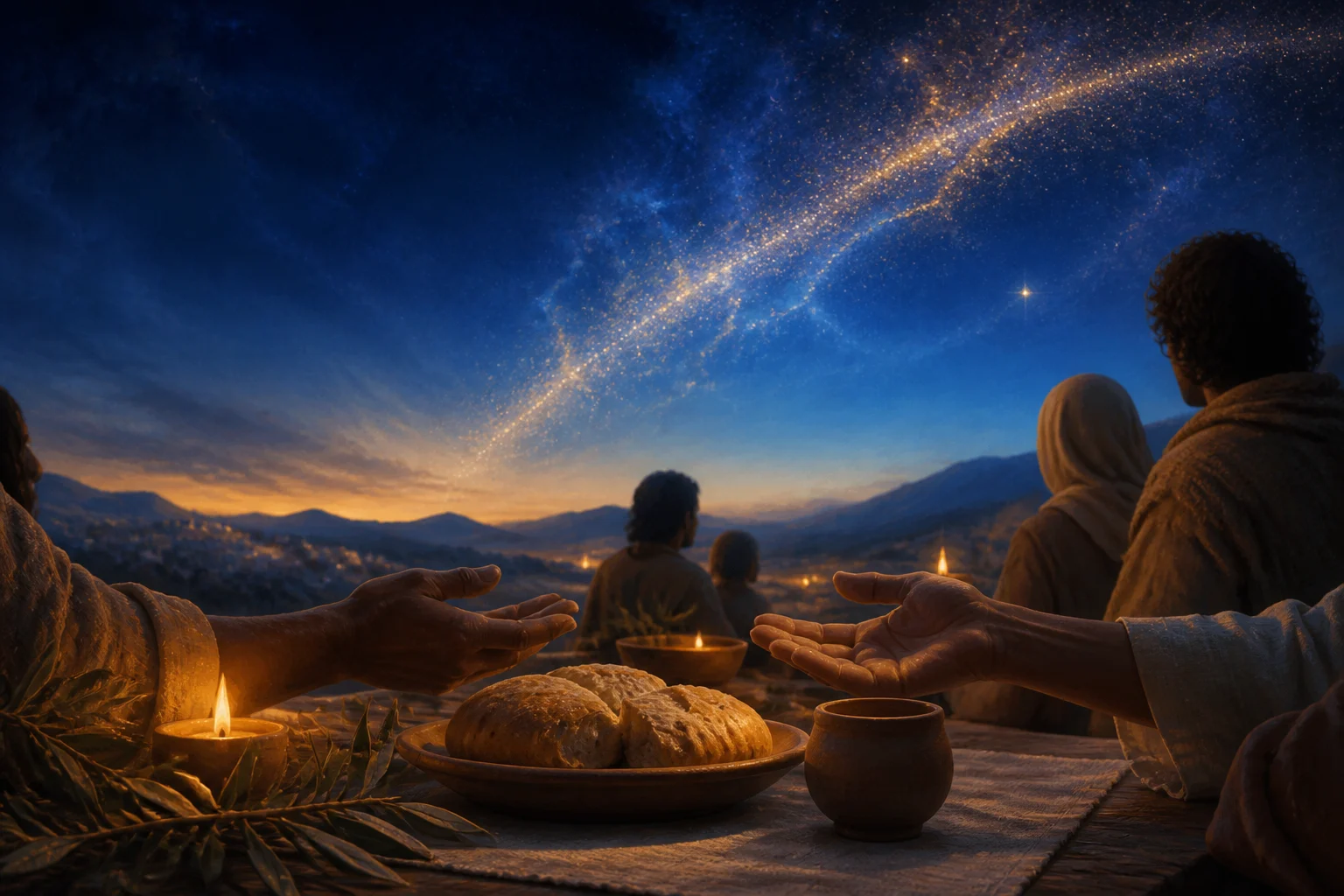 Mesa simples com pão, copo de barro, velas e mãos abertas diante de um céu estrelado