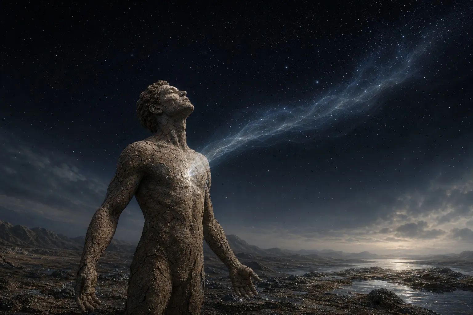 Figura de terra sob as estrelas recebendo um sopro luminoso