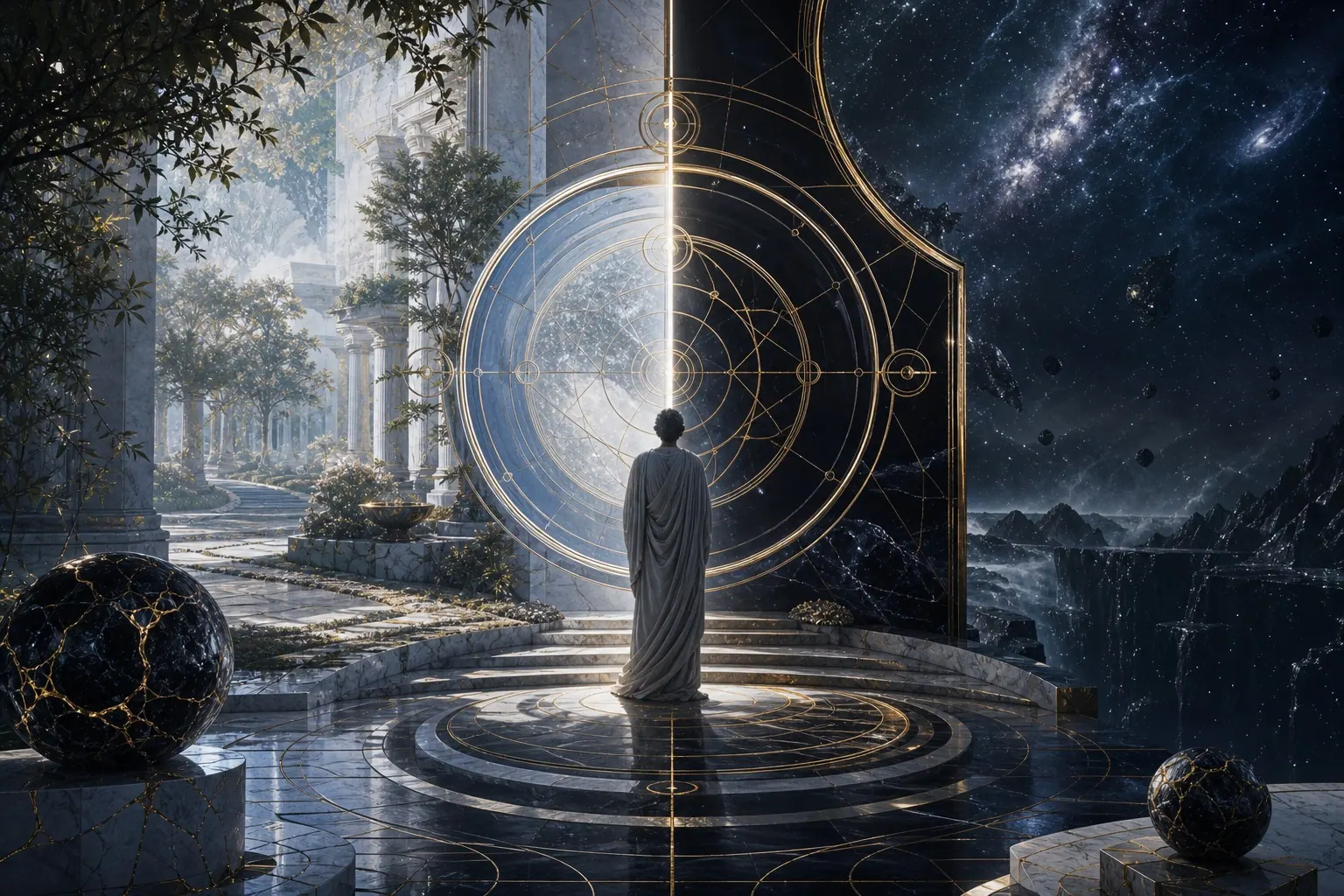 Limiar entre um jardim luminoso e um abismo estrelado