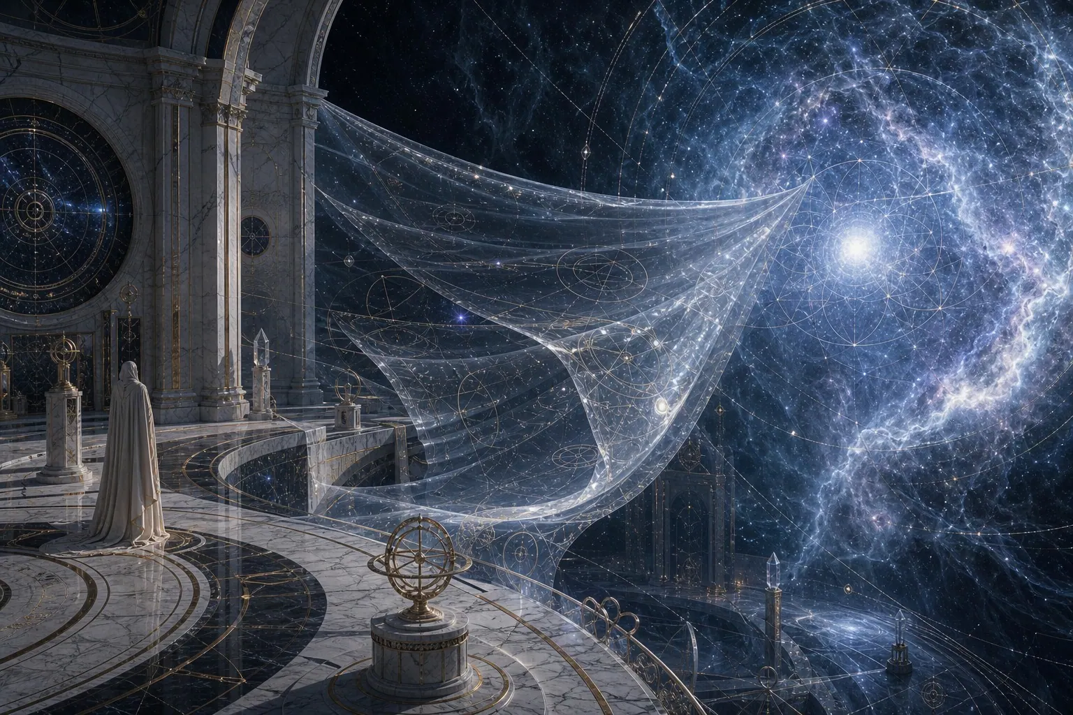 Véu cristalino entre observatório de mármore e nebulosa luminosa