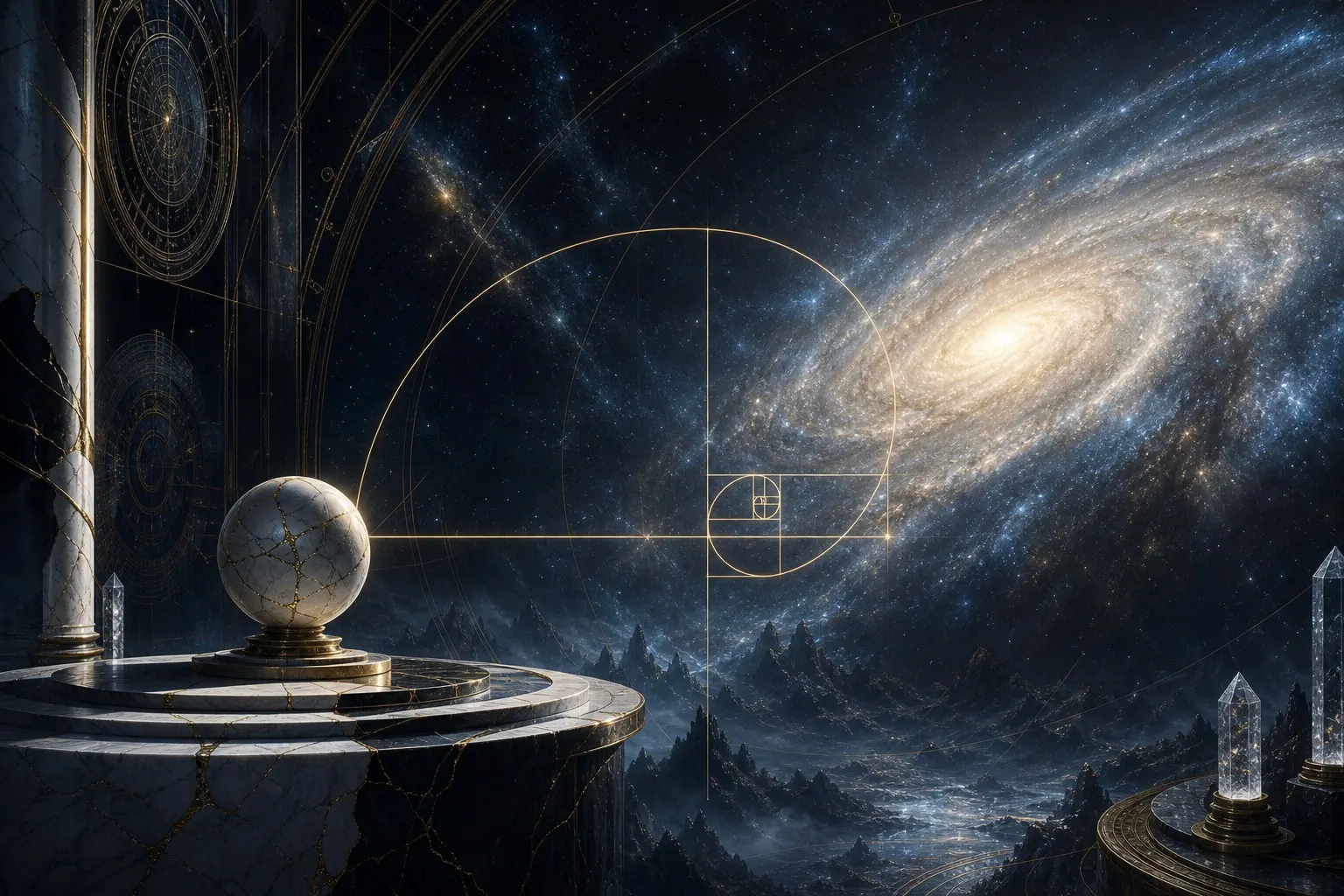 Esfera de mármore e galáxia separadas por um intervalo dourado