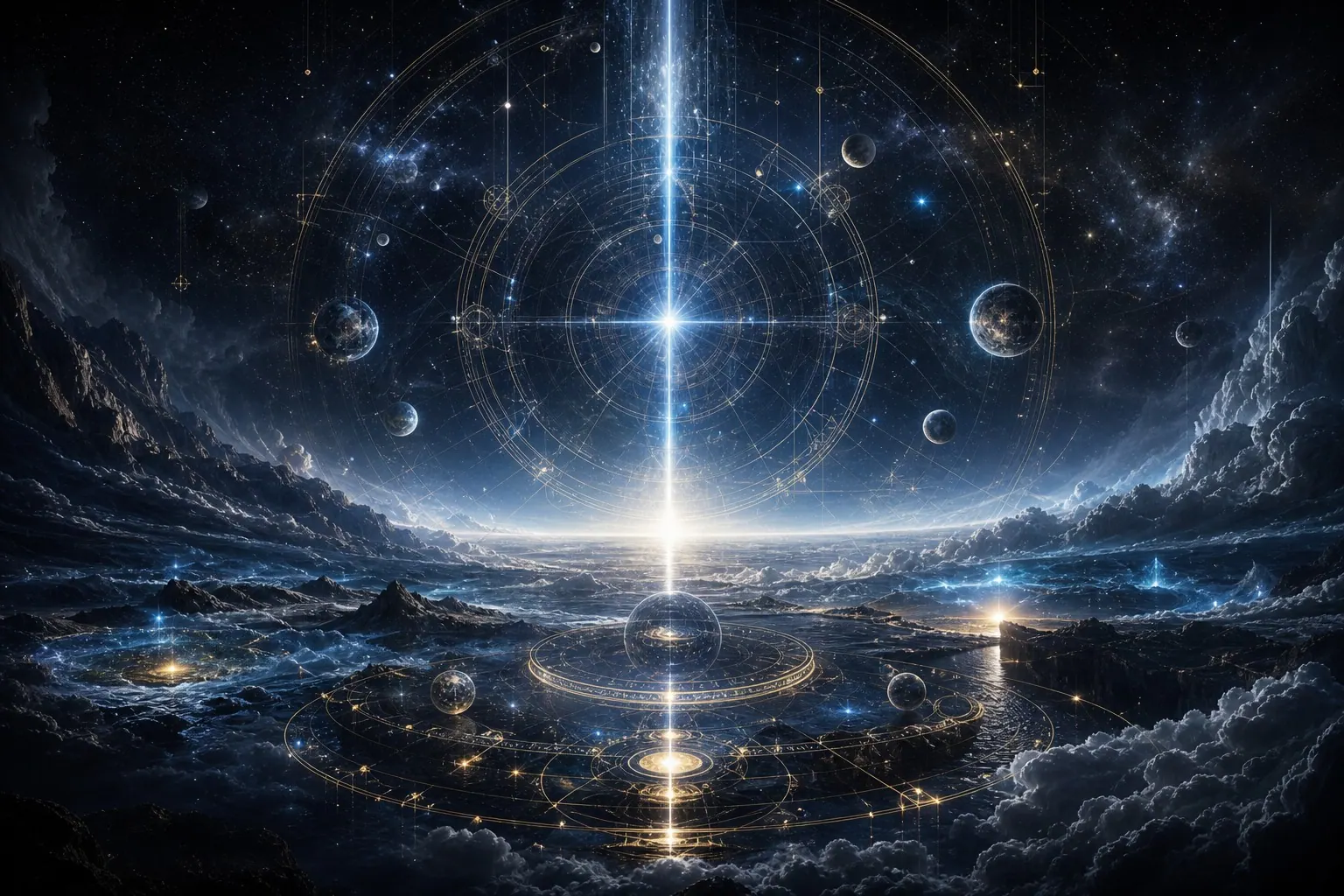 Eixo de luz ordenando um universo de círculos e estrelas