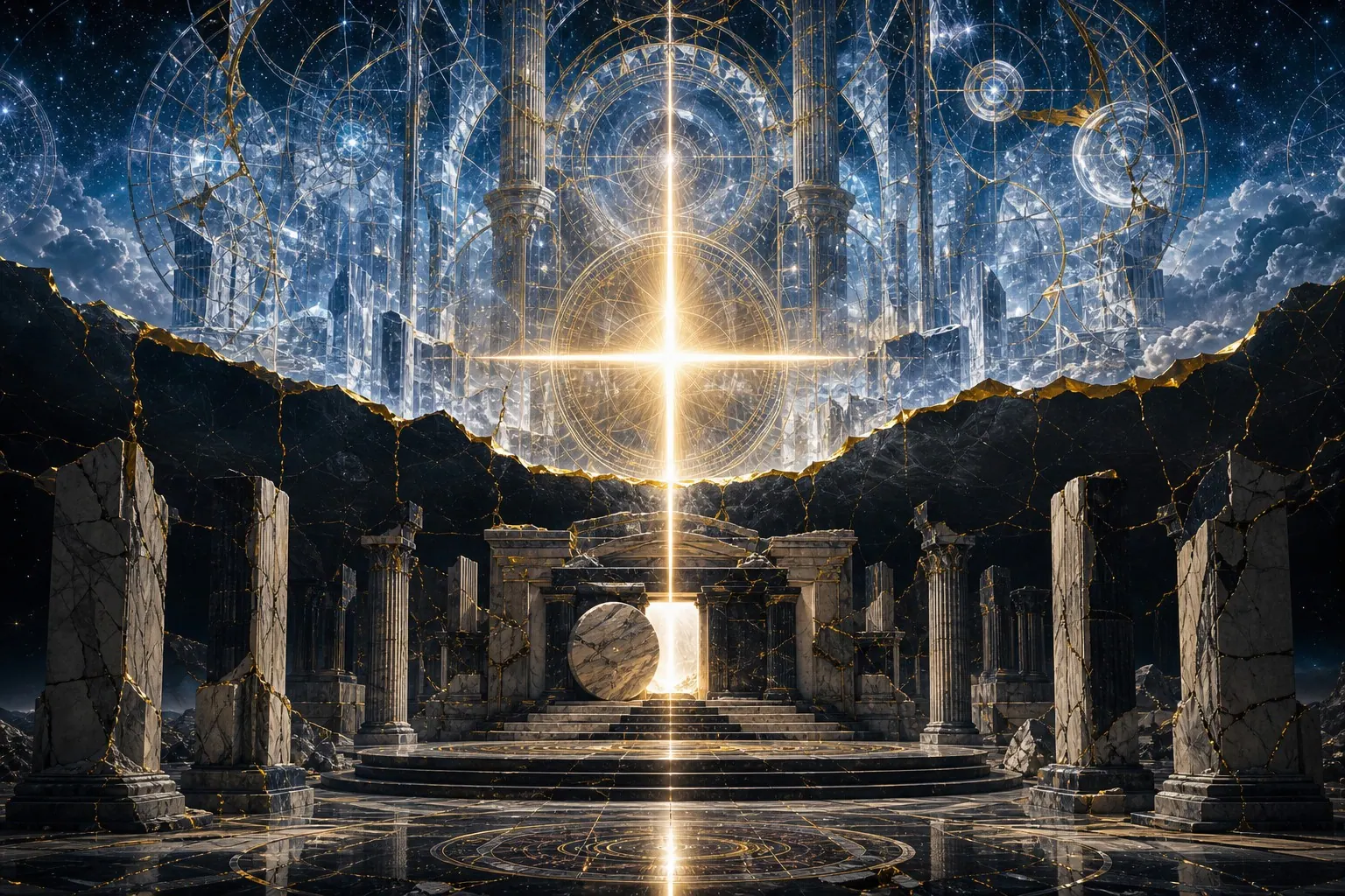 Cruz de luz unindo arquitetura terrestre e cristal celeste