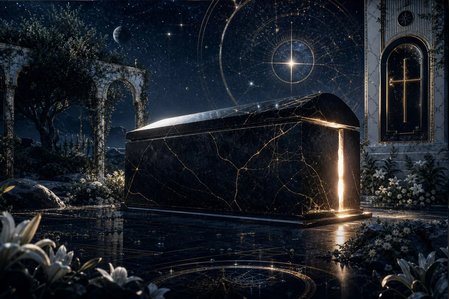 Túmulo de obsidiana atravessado pela primeira luz da aurora