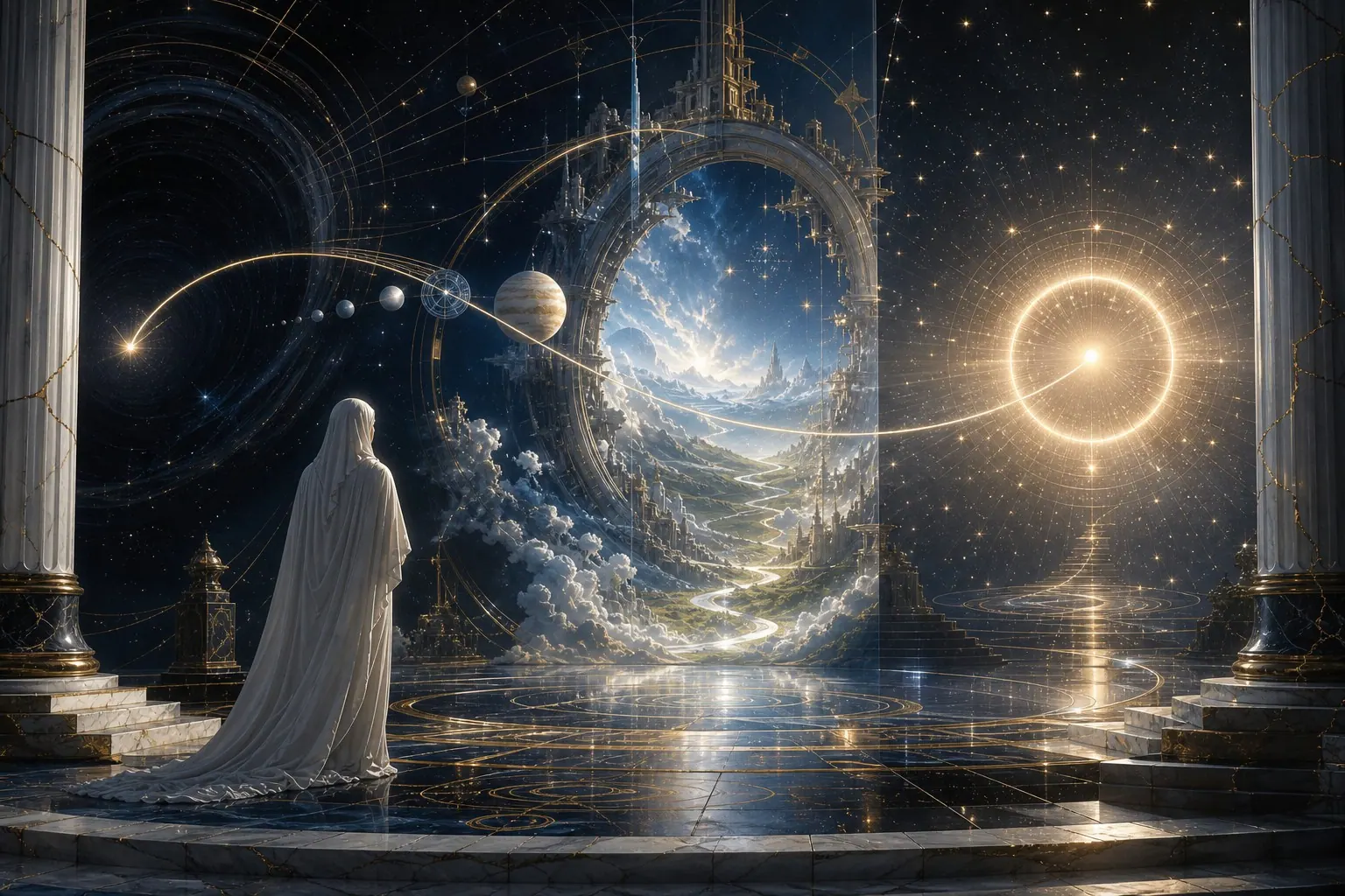 Curva dourada atravessando o cosmos até formar um círculo completo