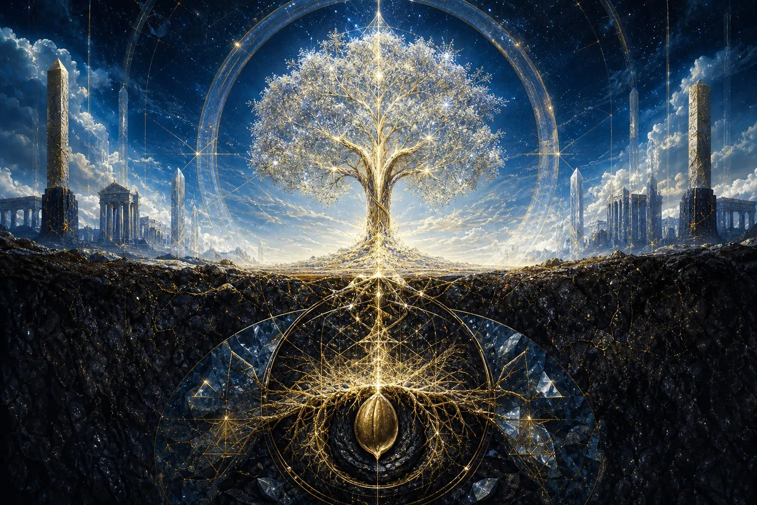 Semente sob a terra tornando-se árvore celeste de ouro e cristal