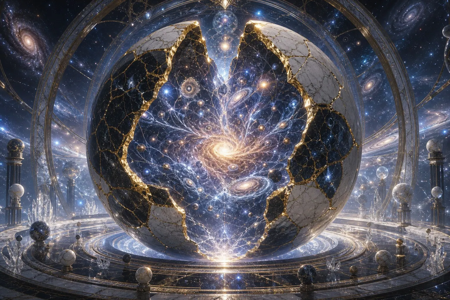 Esfera cósmica aberta revelando outro universo em seu interior