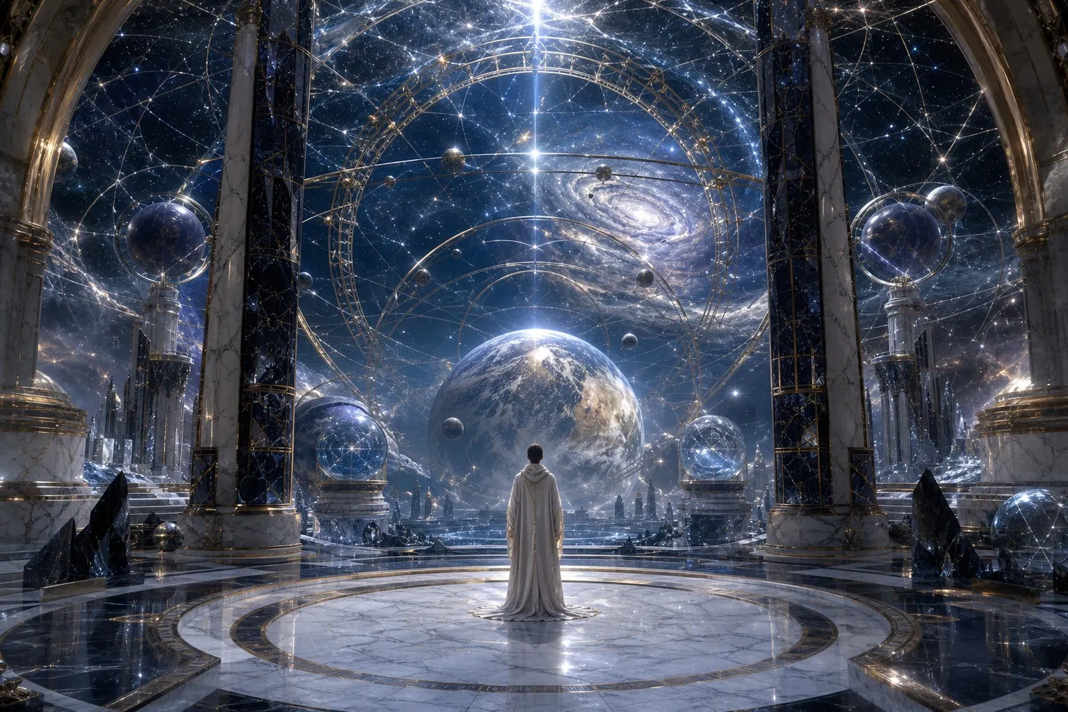 Pessoa diante de escalas planetária, galáctica e cósmica interligadas