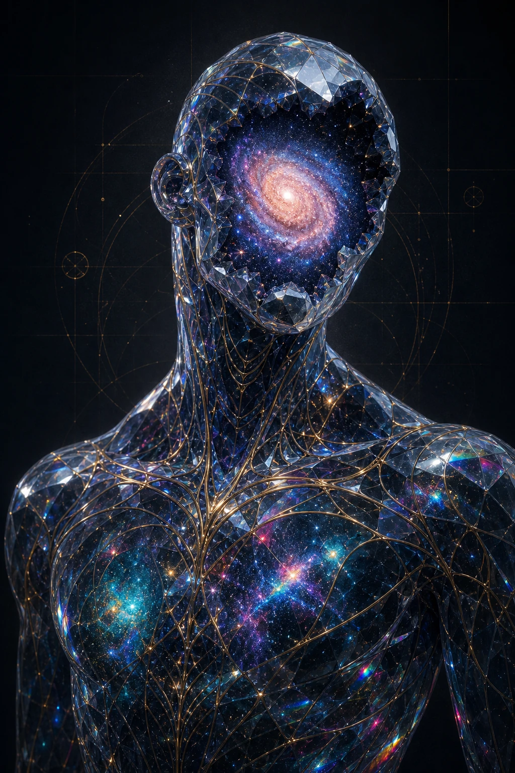 Cabeça e torso de cristal facetado contêm estrelas; uma galáxia espiral ocupa a abertura no lugar da face.