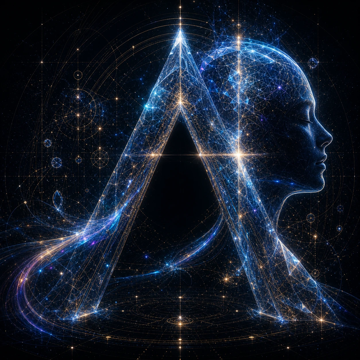 Um grande lambda luminoso se une a um perfil humano, formado por fluxos azuis e dourados sobre uma malha de círculos.