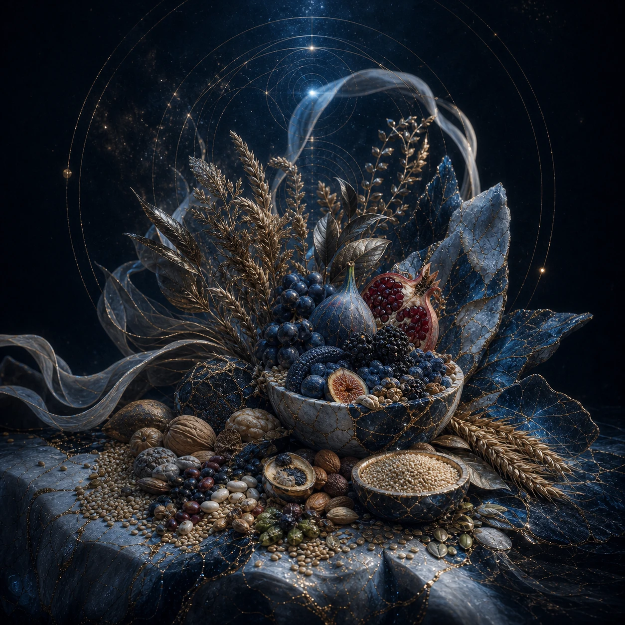 Natureza-morta com tigelas minerais, figos, romã aberta, uvas, nozes, sementes e espigas em azul, marfim e ouro.