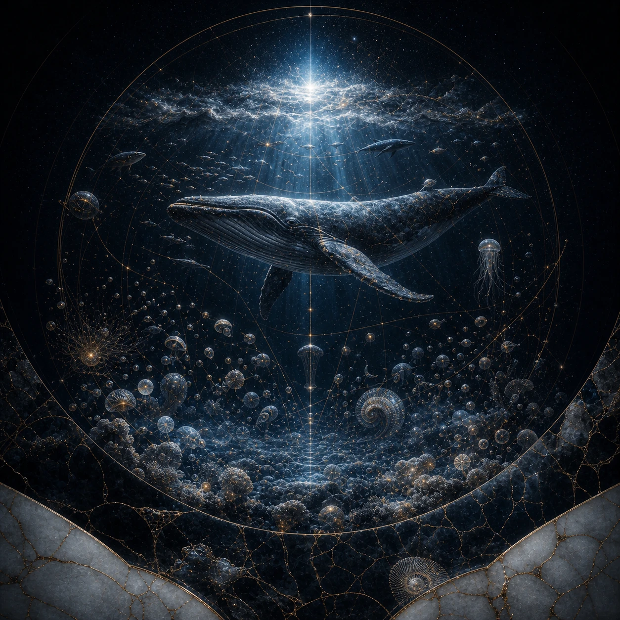 Baleia azul atravessa um espaço circular com peixes, medusas e formas marinhas, cercado por uma borda mineral fraturada.