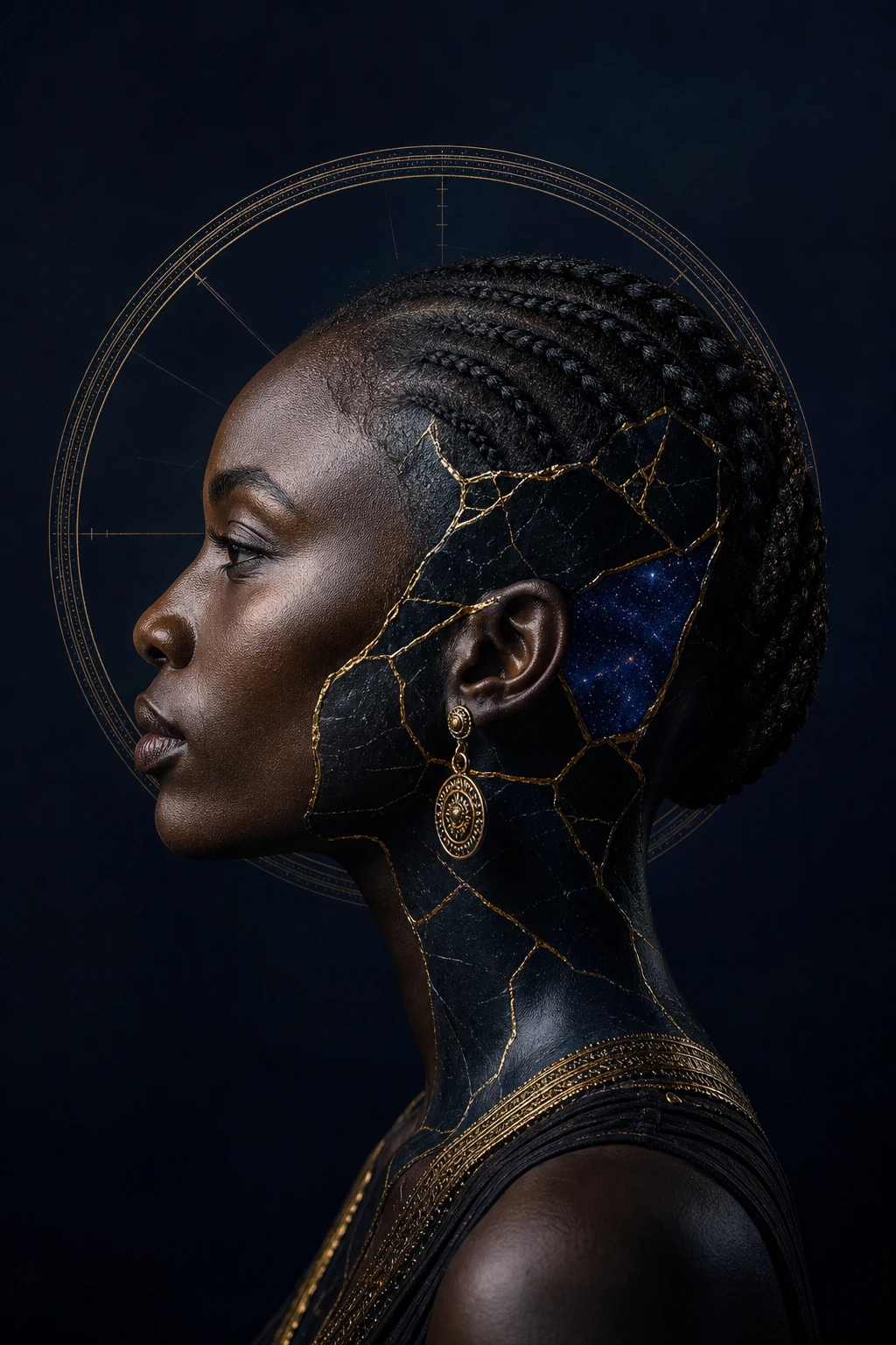 Mulher de pele escura e cabelos trançados em perfil; pedra negra, ouro e estrelas ocupam a lateral da face e o pescoço.