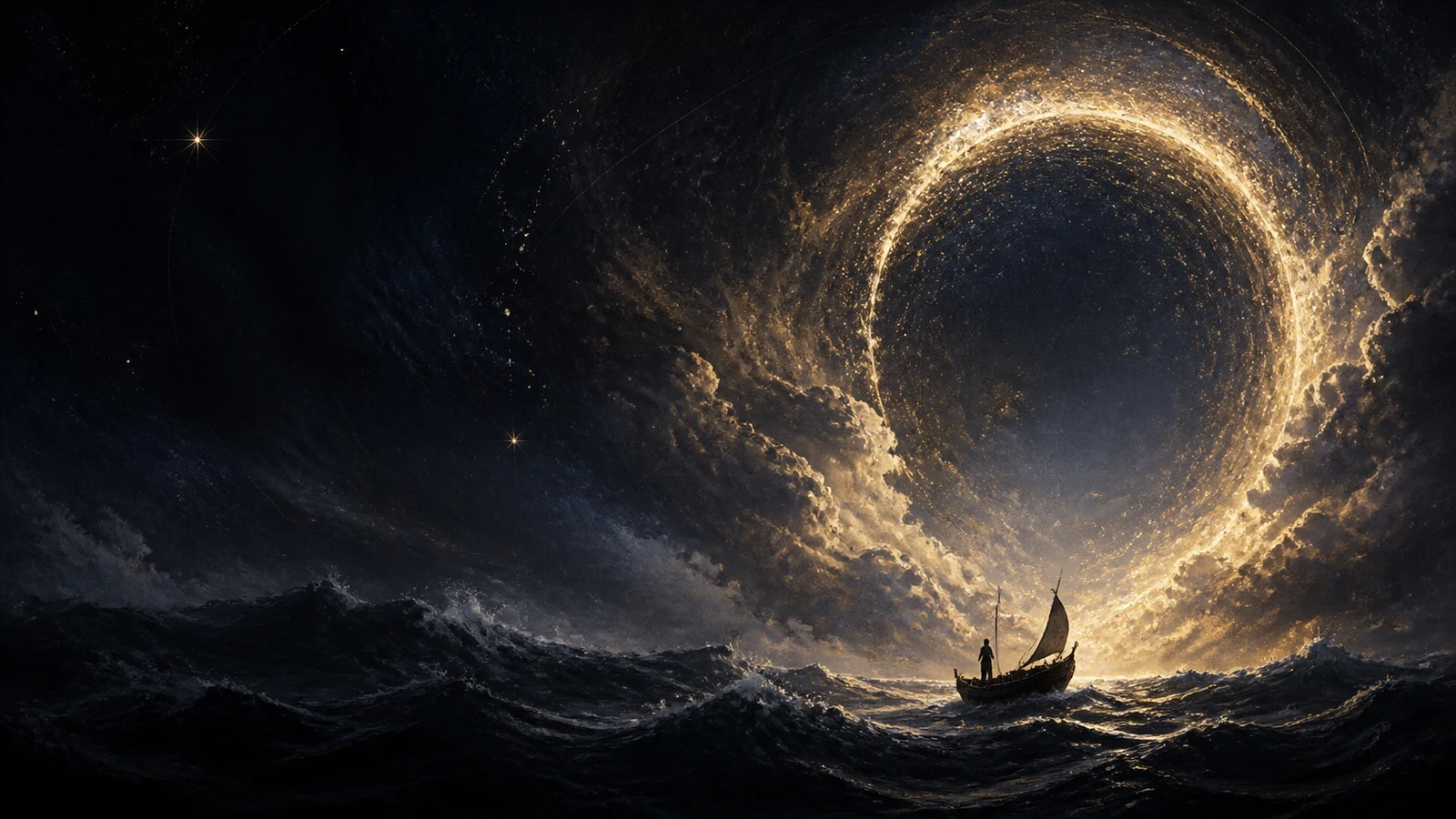 Pequeno barco com uma pessoa em pé navega num mar escuro diante de um enorme círculo dourado formado entre nuvens e ondas.