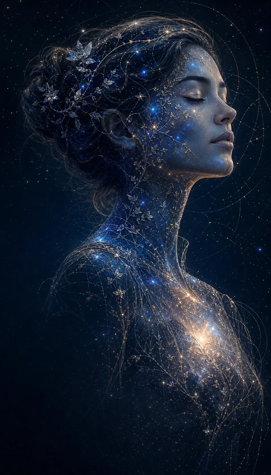 Garota Cósmica adulta em um retrato de estrelas, prata e azul