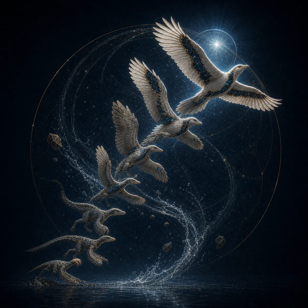 Aves em voo atravessando uma paisagem de luz azul e dourada