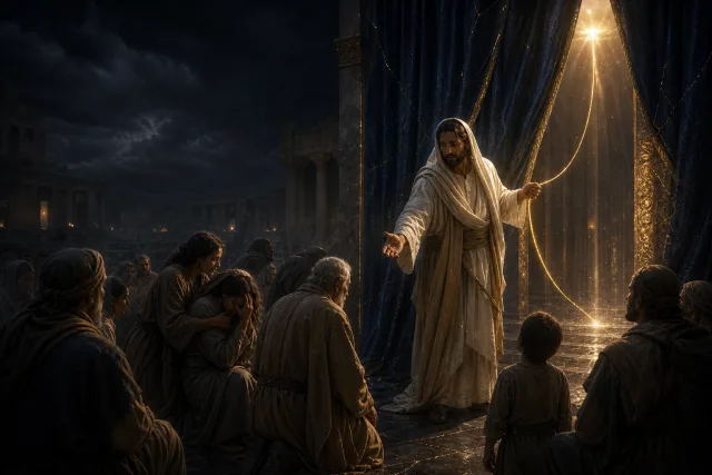 Jesus estende a mão a uma comunidade diante de um véu azul aberto, enquanto um fio dourado atravessa o tecido e conduz à luz