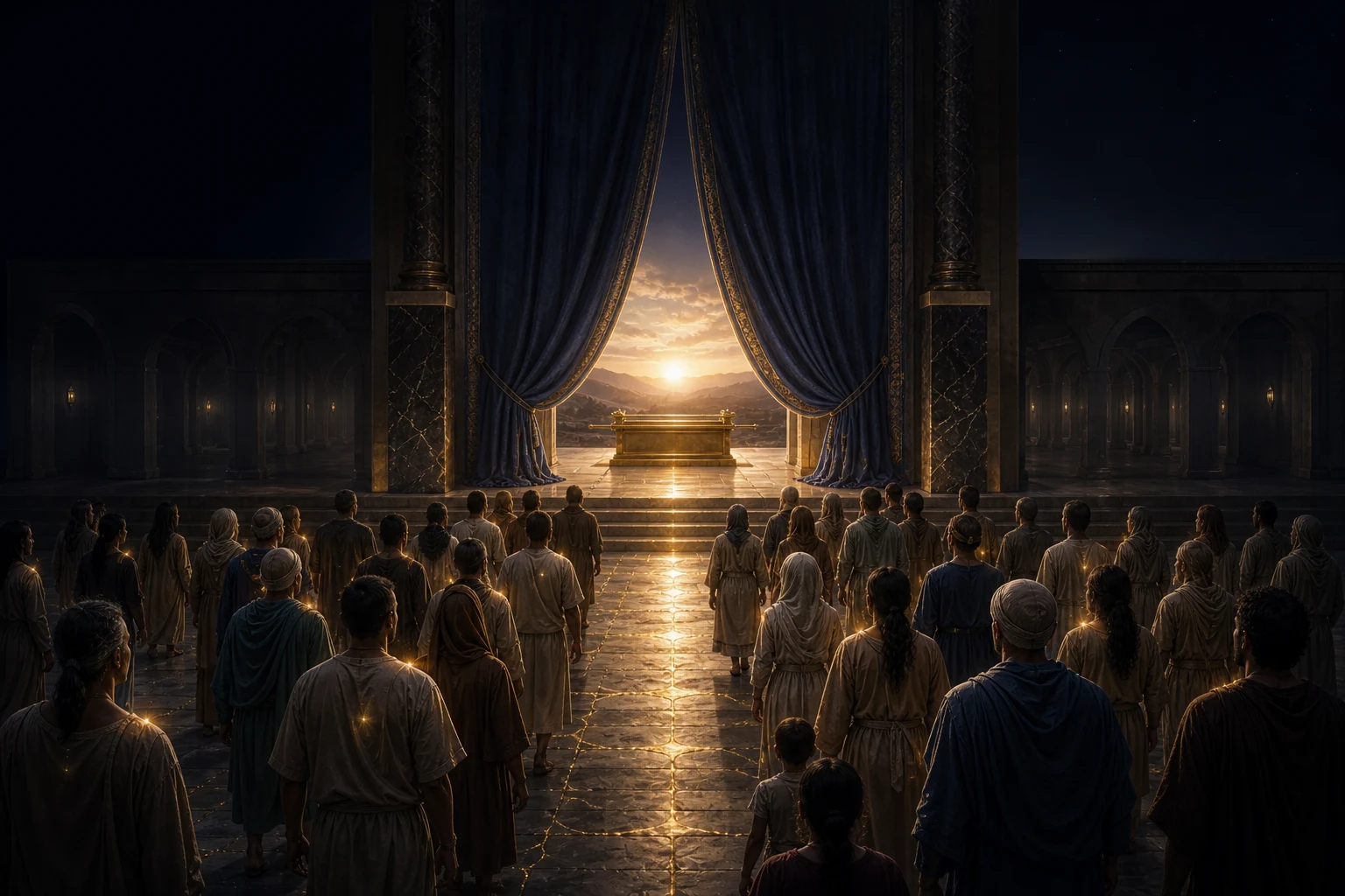 Um véu azul aberto revela um altar quieto e um caminho dourado, enquanto uma comunidade se aproxima unida da luz