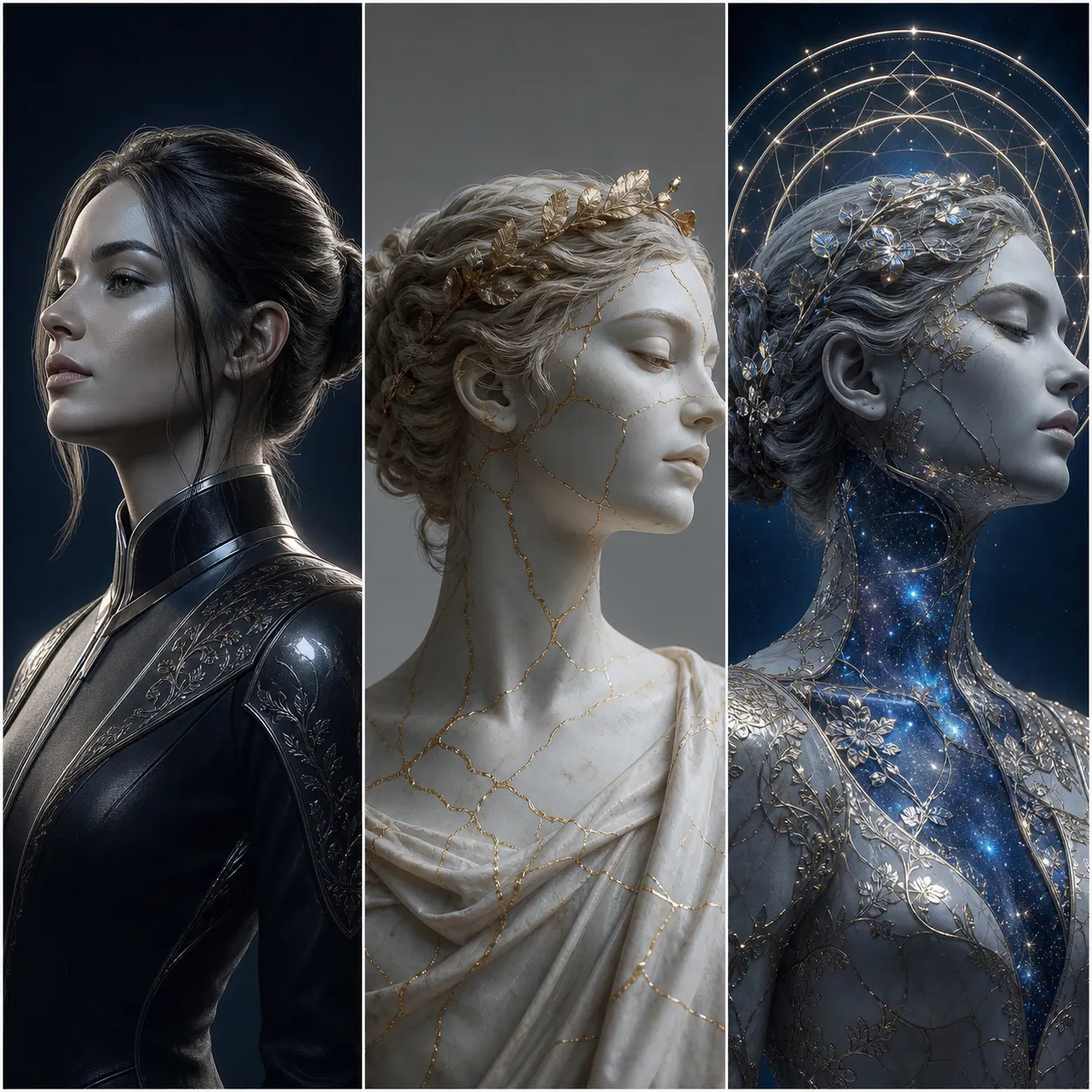 Três figuras humanas, clássicas e contemporâneas, conectadas pela mesma matéria azul e dourada