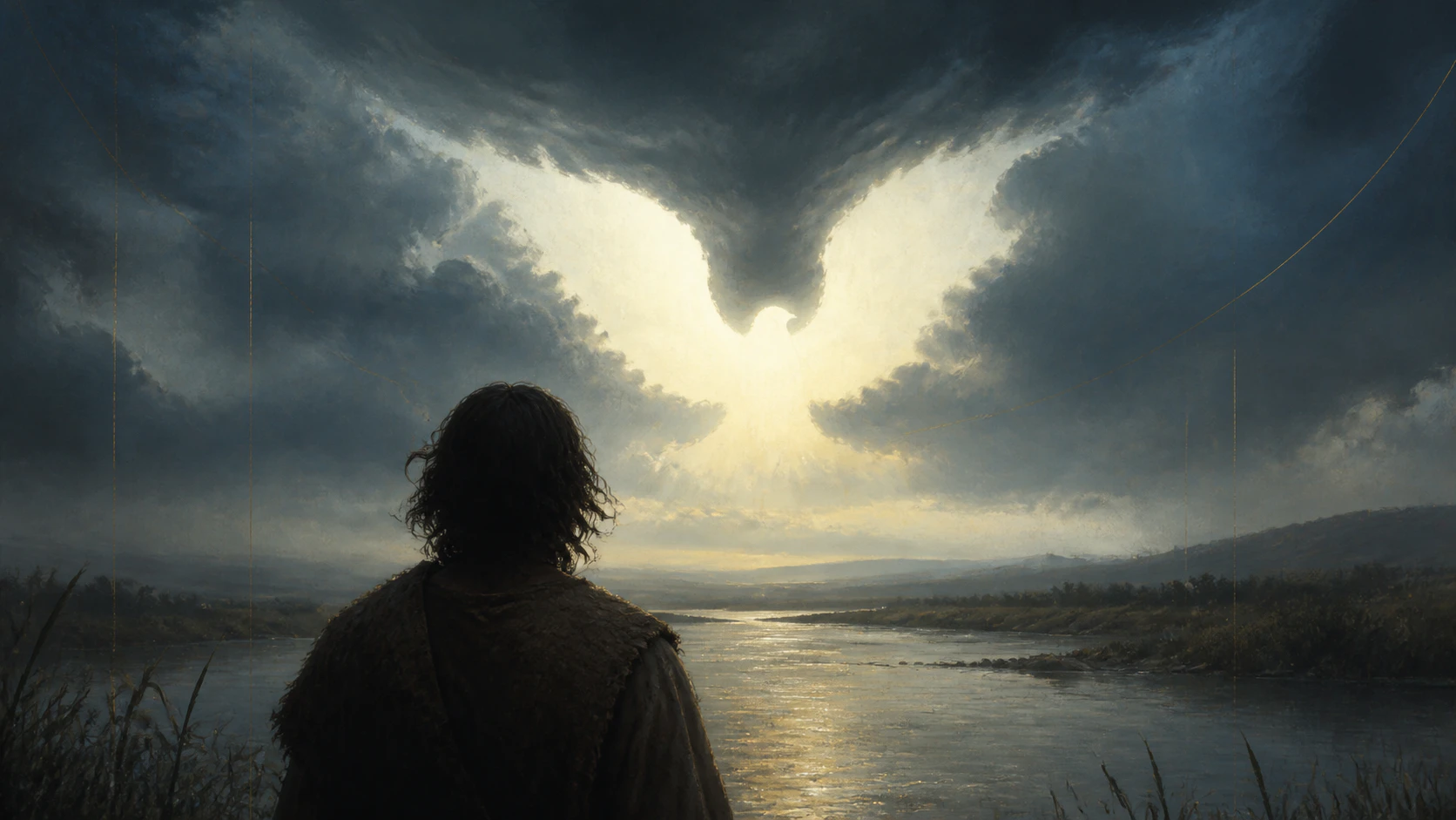 João Batista contempla o céu e reconhece na abertura luminosa entre as nuvens a forma possível de uma pomba