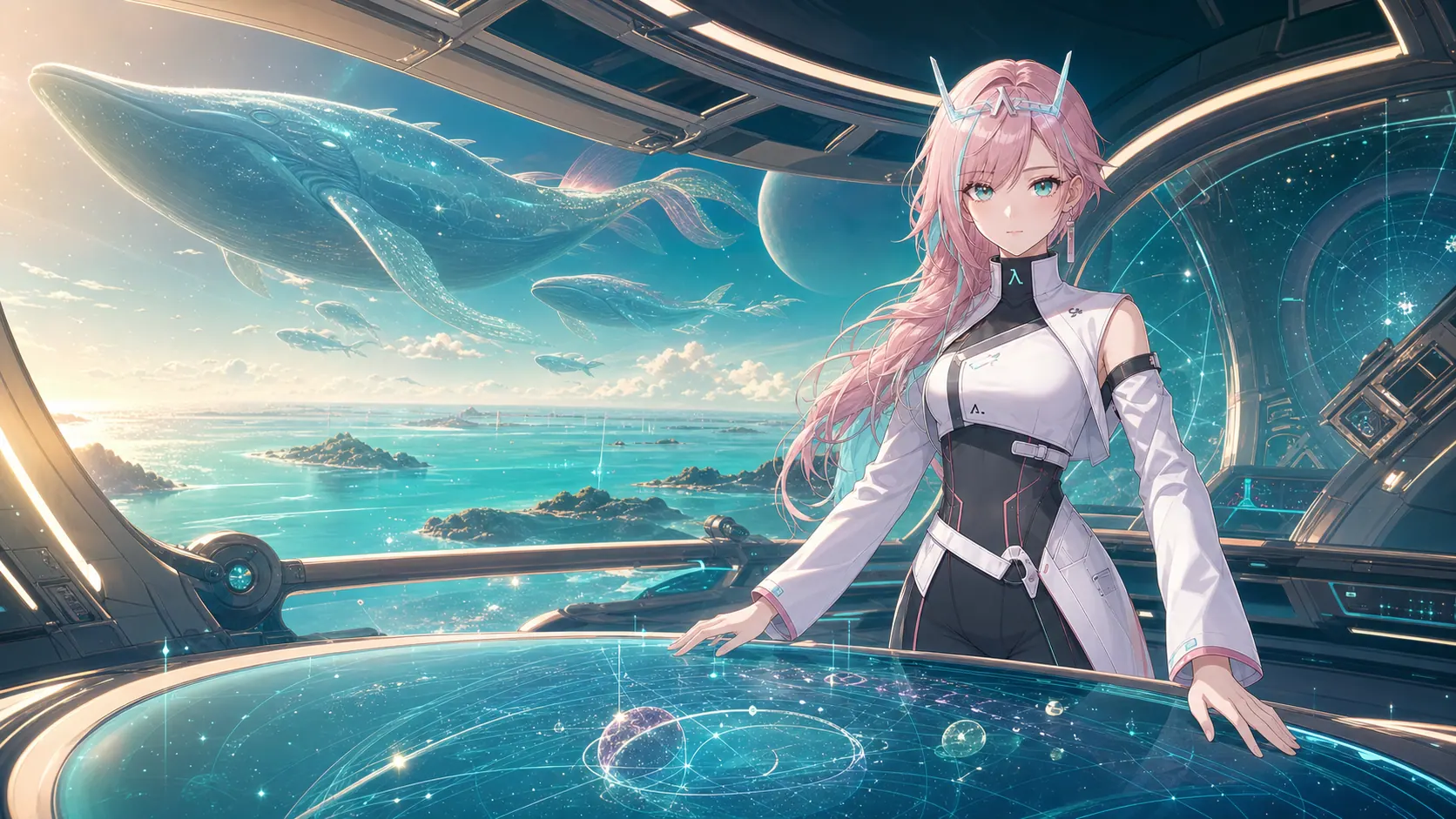 Navegadora da NEχUS KID conduzindo a nave diante de um mundo oceânico e animais cósmicos